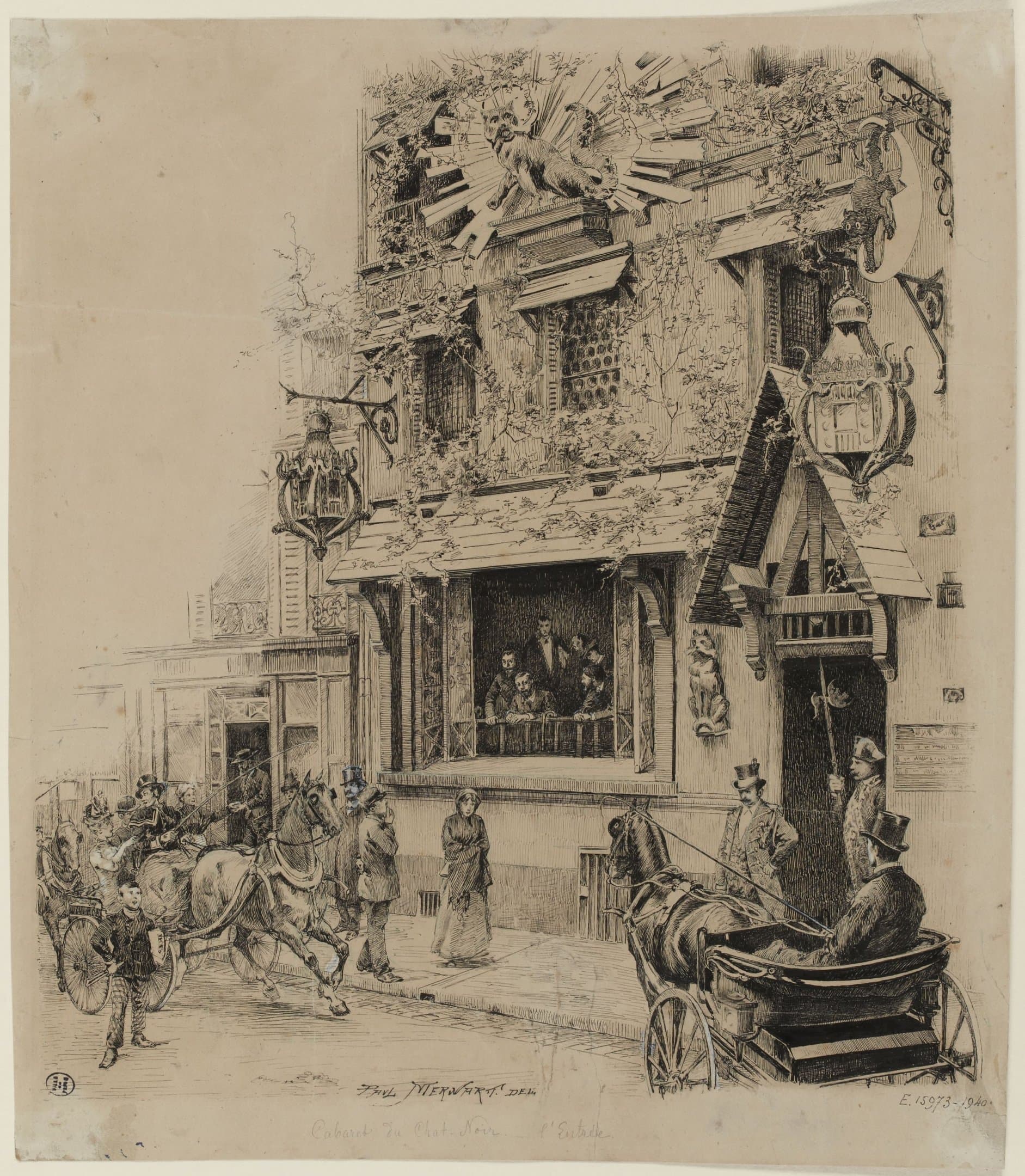 Paul Merwart drawing of the elaborate entrance to Le Chat Noir, with carriages and visitors outside the decorated facade