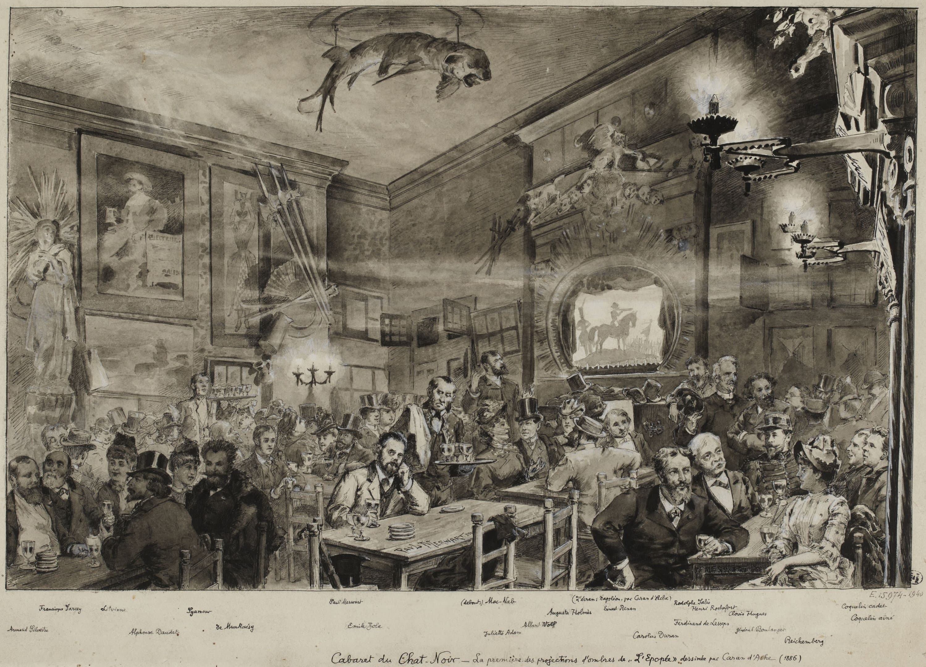 Paul Merwart's 1886 drawing of Le Chat Noir crowded with patrons as a shadow projection is shown at the back of the room