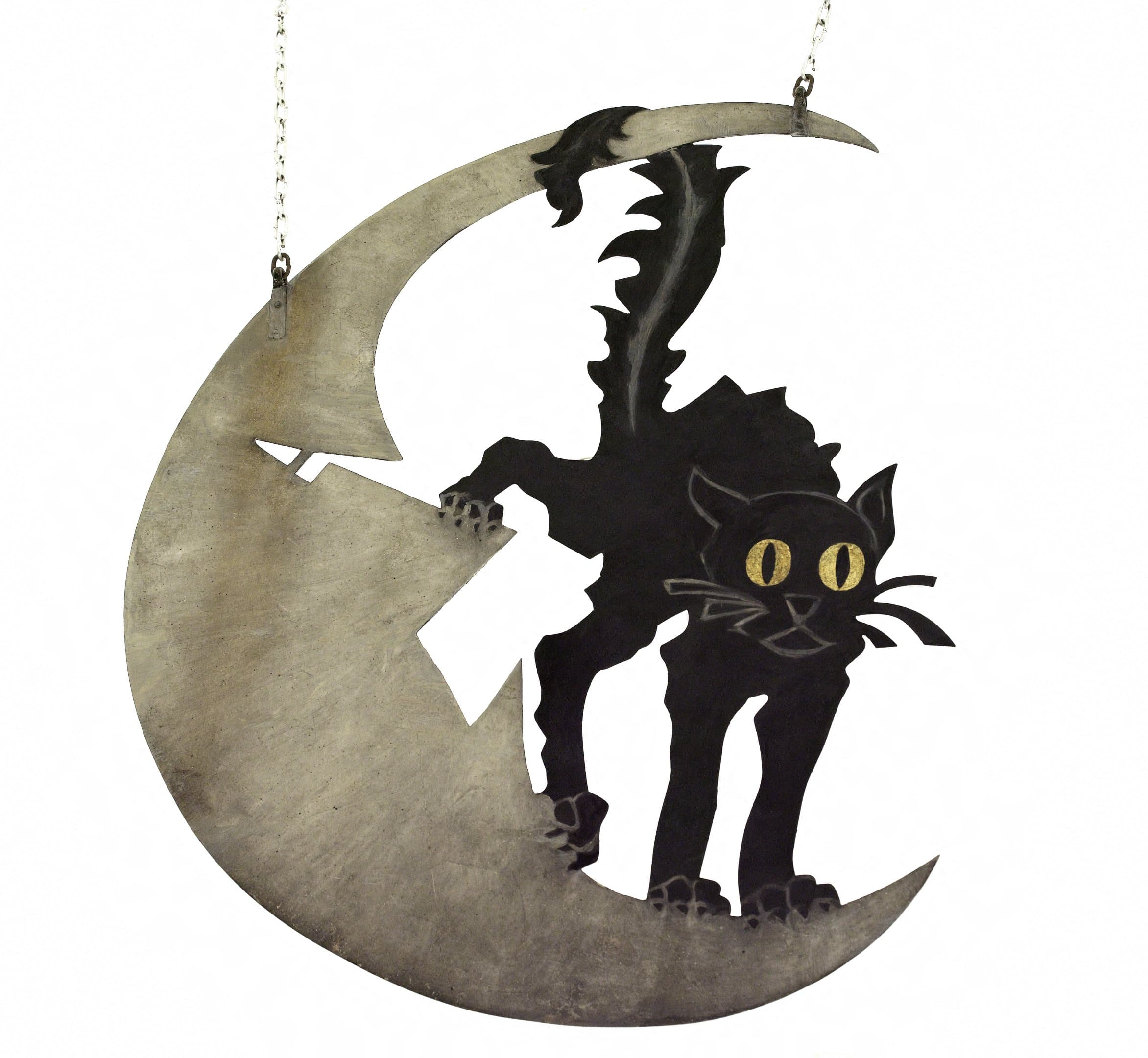 Adolphe Willette's original painted-metal Chat Noir sign showing a bristling black cat balanced on a silver crescent moon