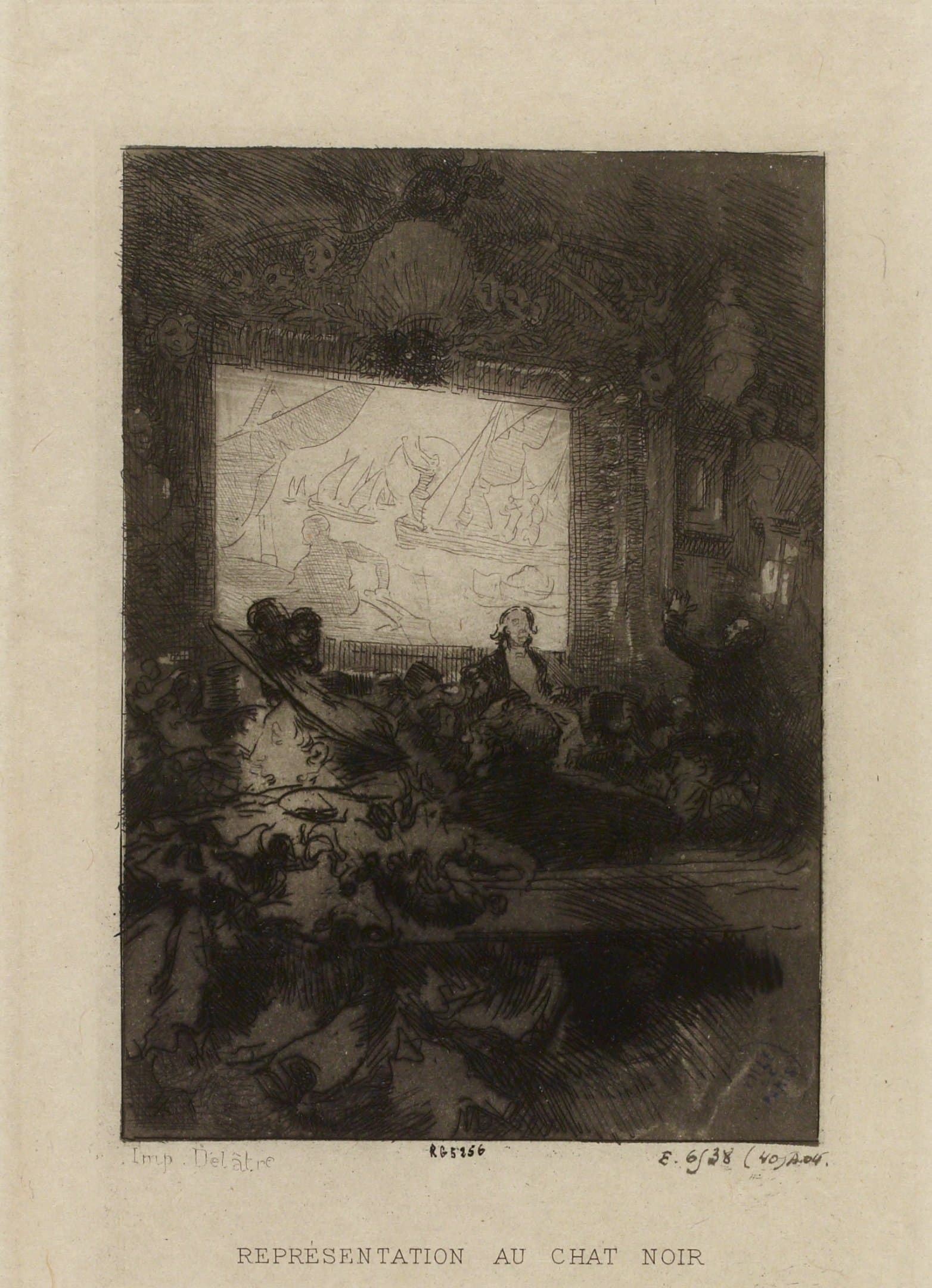Auguste Lepère's 1893 print of a close-packed audience watching a shadow-theater performance at Le Chat Noir
