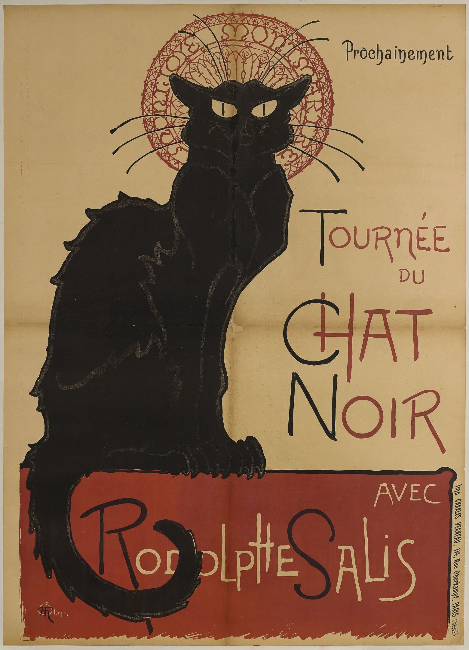 Steinlen's 1896 Tournée du Chat Noir lithograph, dominated by an enormous black cat against a red and gold halo