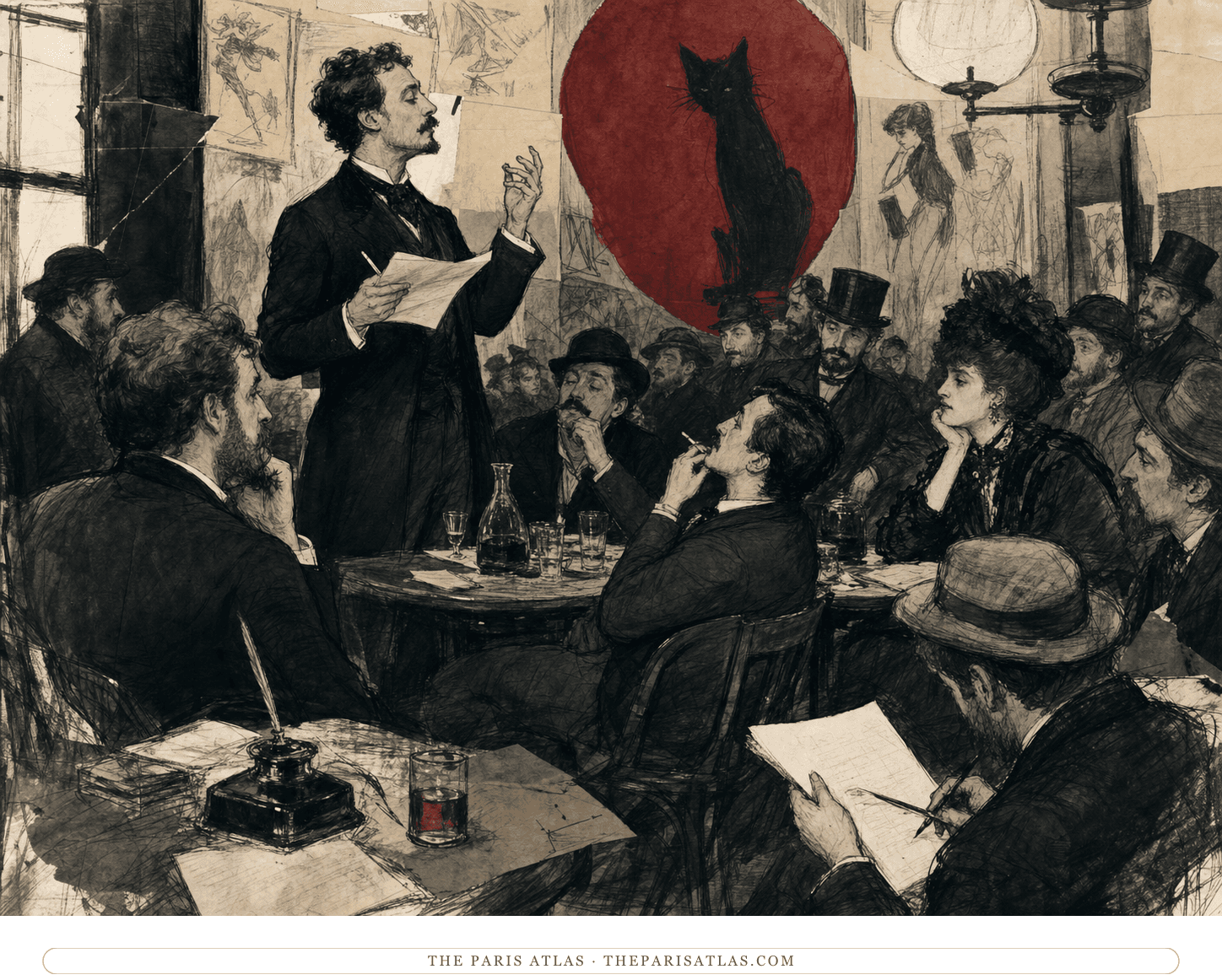 Ink illustration of a Hydropathes poet reciting to a tightly packed literary gathering inside Le Chat Noir