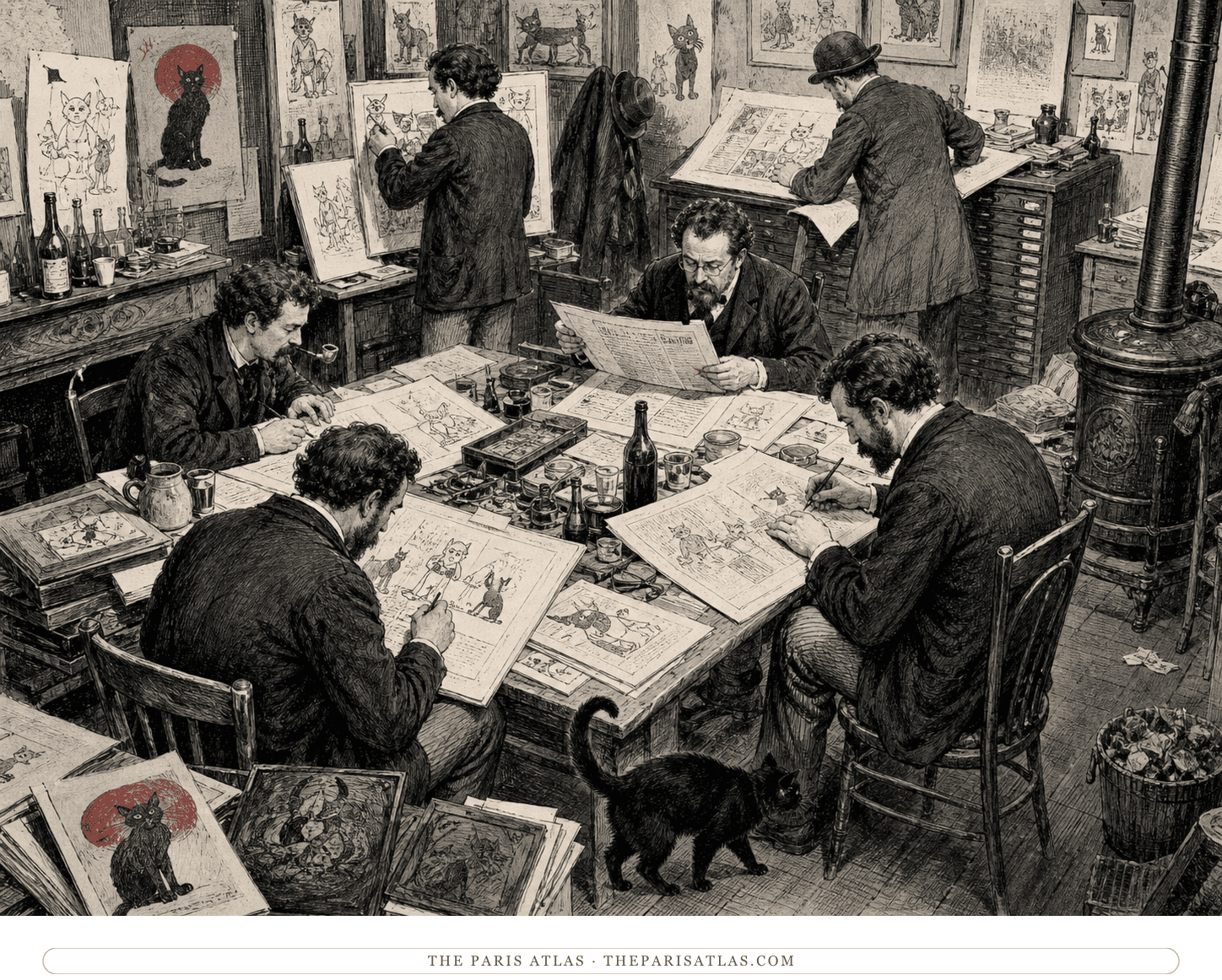 Ink illustration of Chat Noir cartoonists and editors preparing the illustrated weekly around a cluttered table