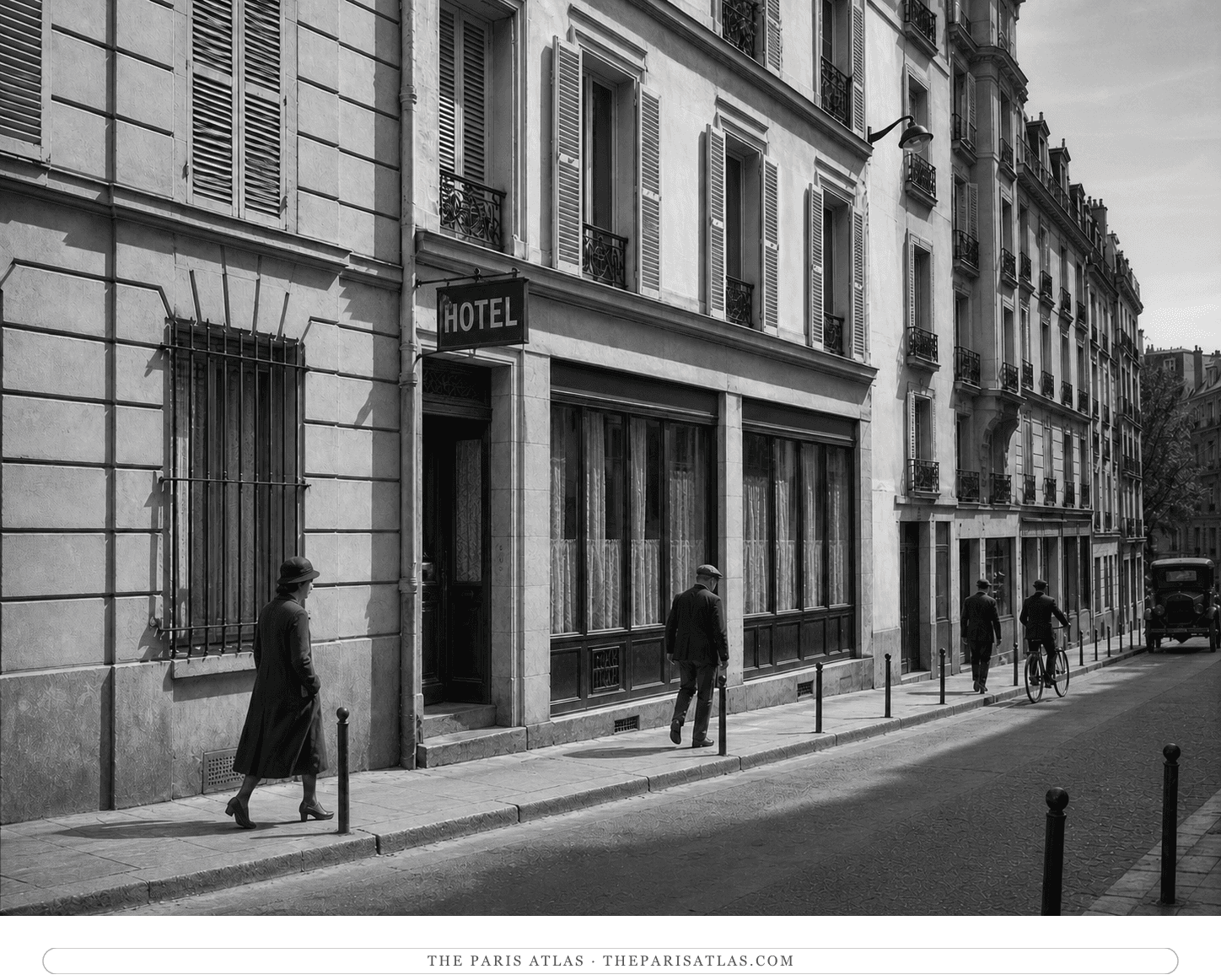Black-and-white reconstruction of an unnamed working people's hotel at 15 rue Nollet in 1924