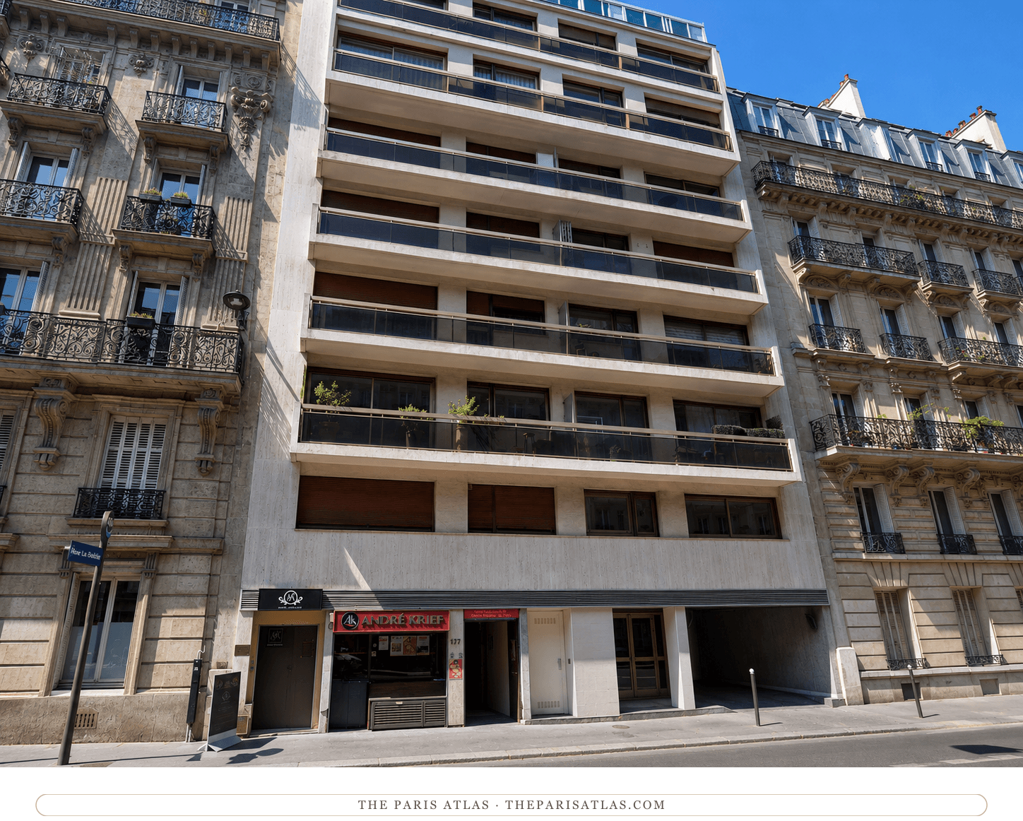 Illustration of the modern apartment block standing at 177 rue de Courcelles today, a mid-century building between older Haussmann neighbours, a shop at street level