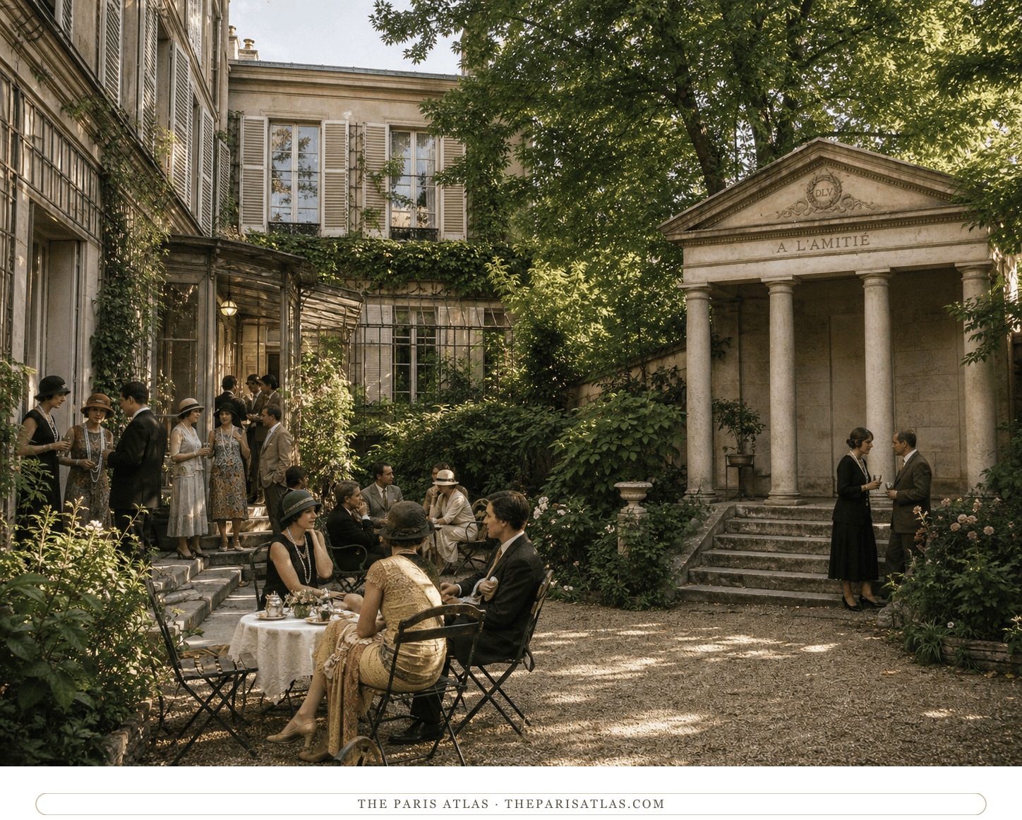 Color reconstruction of guests gathering between Natalie Clifford Barney's vine-covered pavilion and the Temple à l'Amitié