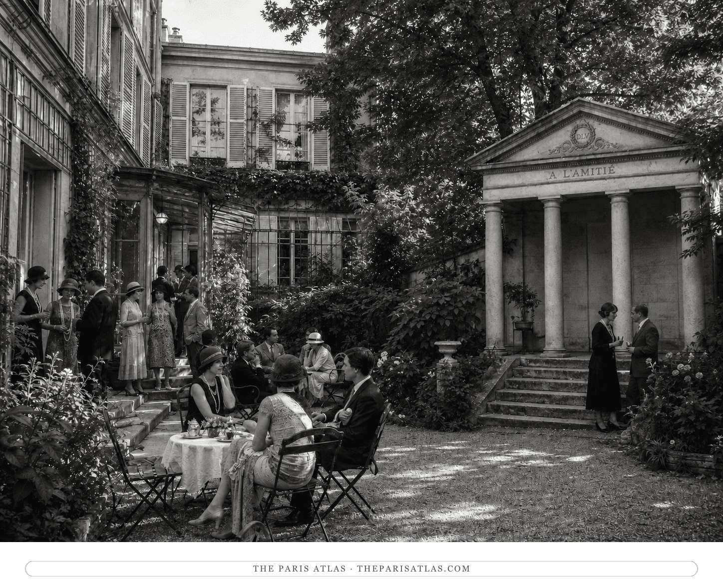 Black-and-white reconstruction of Natalie Clifford Barney's garden salon beside the Temple à l'Amitié in the 1920s