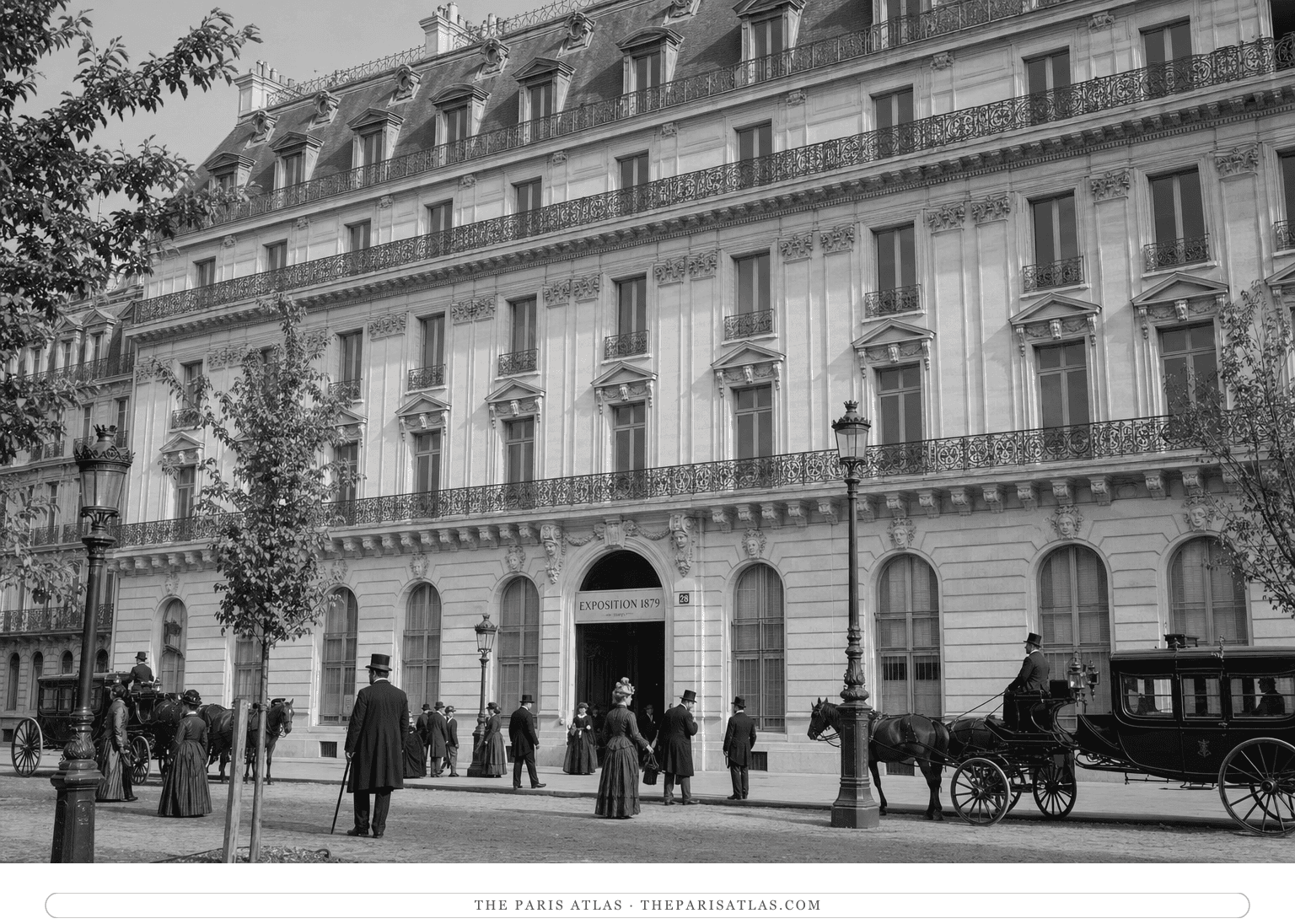 Black-and-white reconstruction of visitors arriving for the fourth Impressionist exhibition in 1879