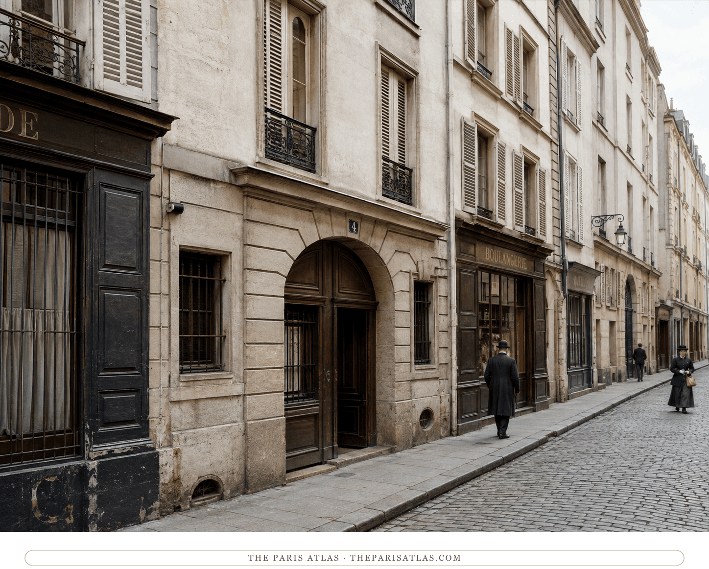 Color reconstruction of the 4 rue de Savoie facade, stone arch, dark shopfronts and a boulangerie sign on the narrow street