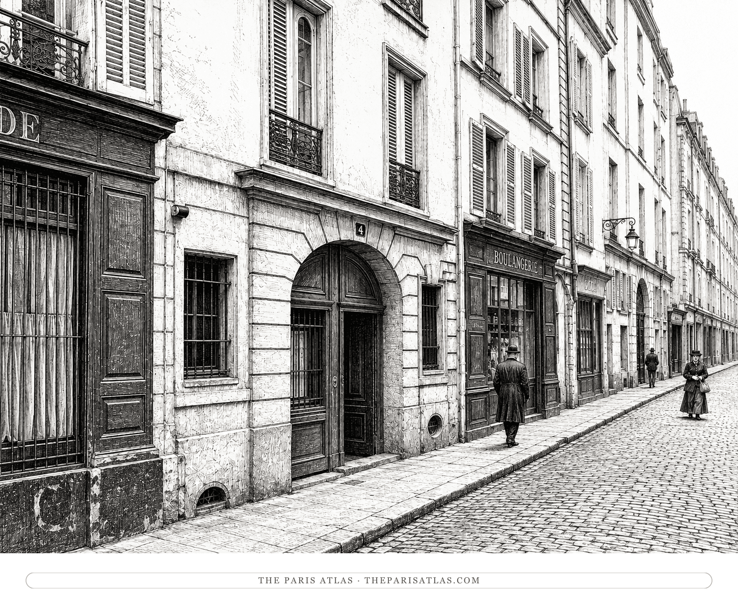 Pen-and-ink reconstruction of 4 rue de Savoie around 1912: the arched doorway under the number 4, a boulangerie next door and figures on the cobbled street