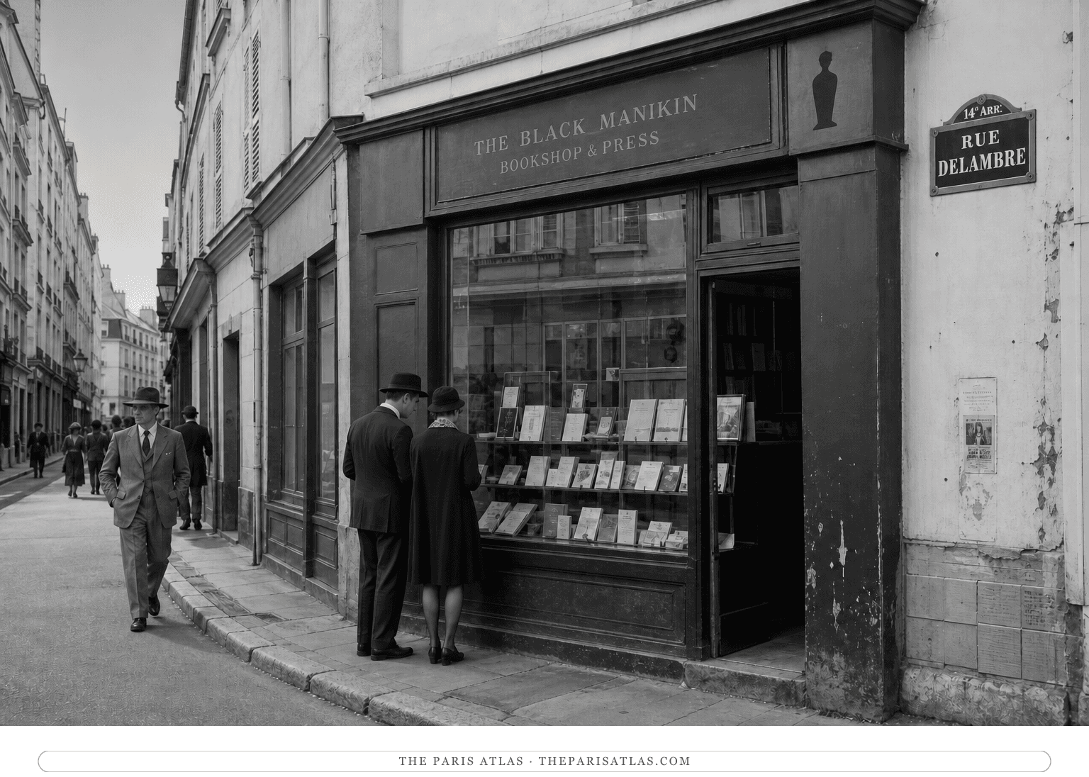 Black-and-white photorealistic reconstruction of the Black Manikin bookshop at 4 rue Delambre circa 1928