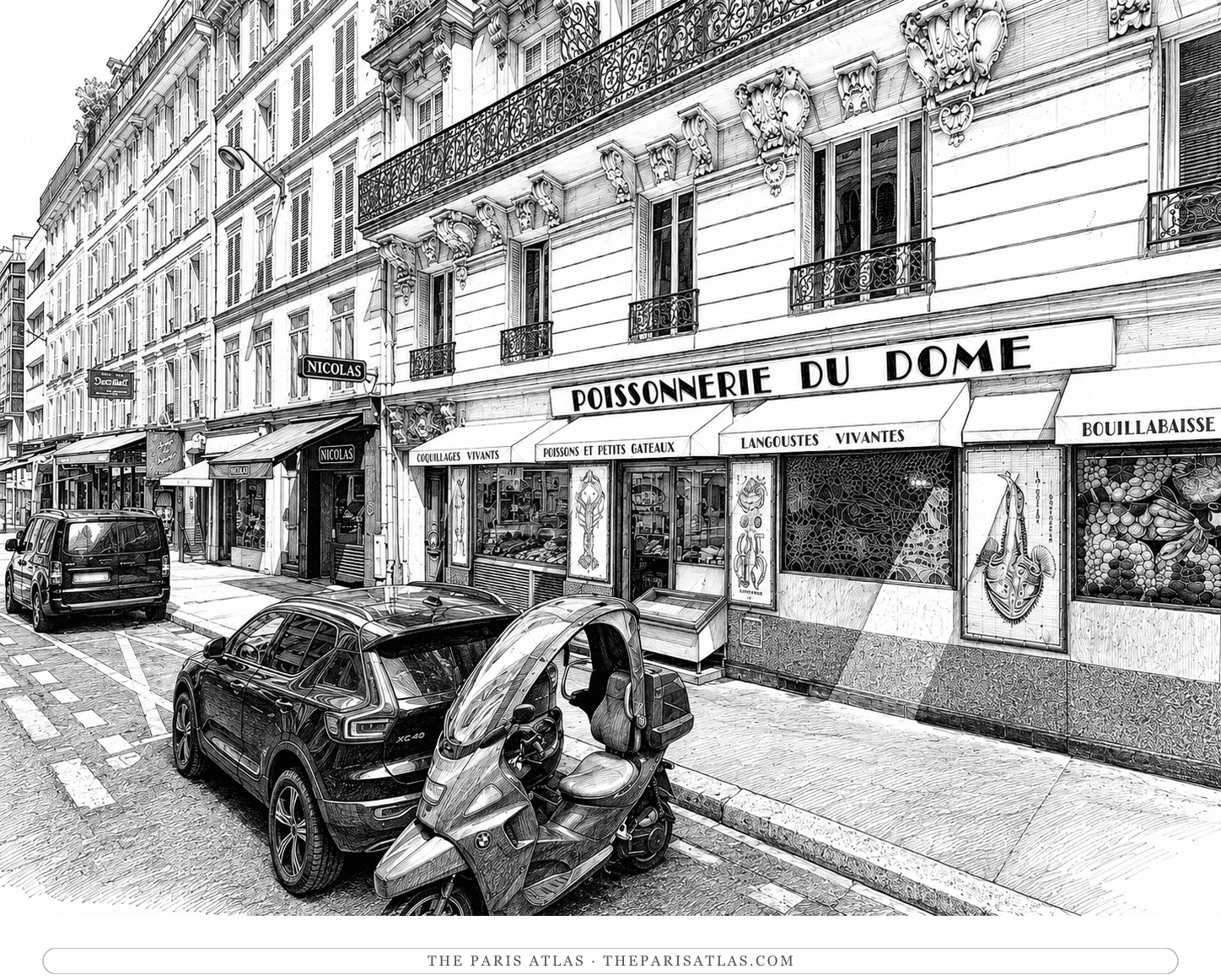 Illustration of 4 rue Delambre today, the tiled front of the Poissonnerie du Dôme fishmonger with signs reading Coquillages Vivants, Langoustes Vivantes and Bouillabaisse