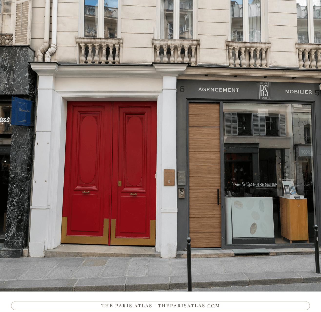 Illustration of the storefront at 6 rue de Miromesnil today, occupied by a modern furniture and interiors business