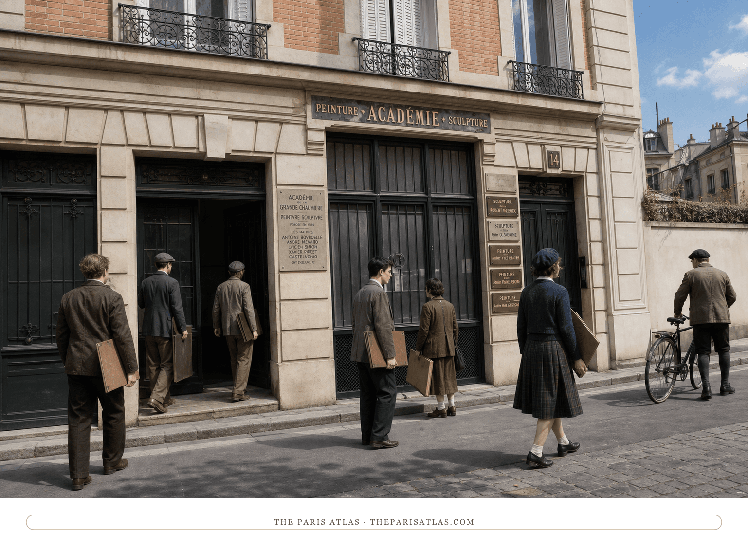 Natural-color reconstruction of anonymous art students at the academy entrance around 1935