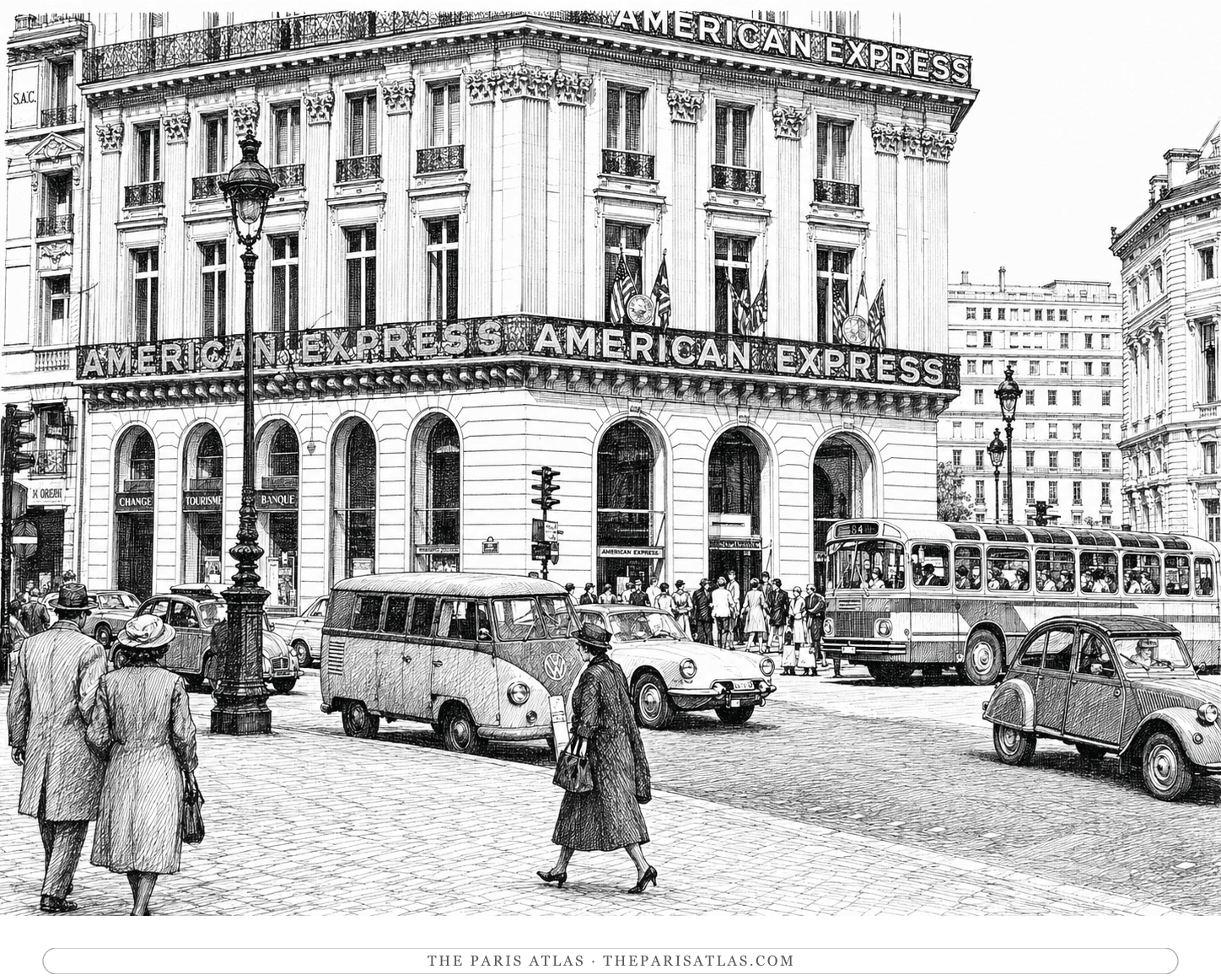 Pen-and-ink drawing of the American Express building at 11 rue Scribe, its name in tall letters along the cornice and again above the arcade, a queue of people at the doors and mid-century traffic on the cobbles
