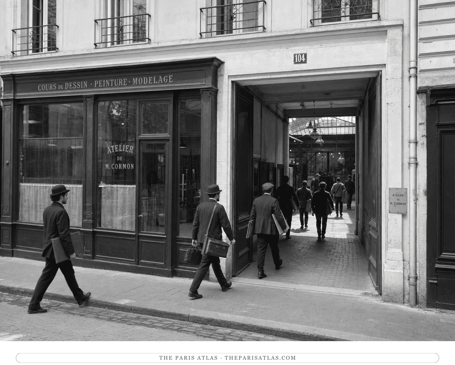 Black-and-white reconstruction of students entering Atelier Cormon at 104 boulevard de Clichy circa 1886