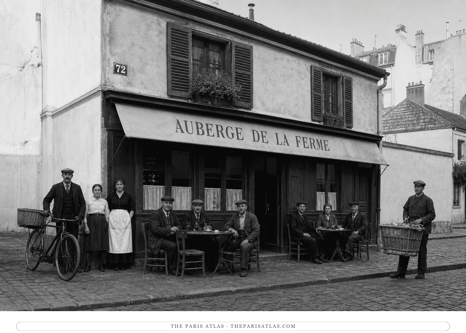 Black-and-white reconstruction of the Auberge de la Ferme on rue Fondary in 1929