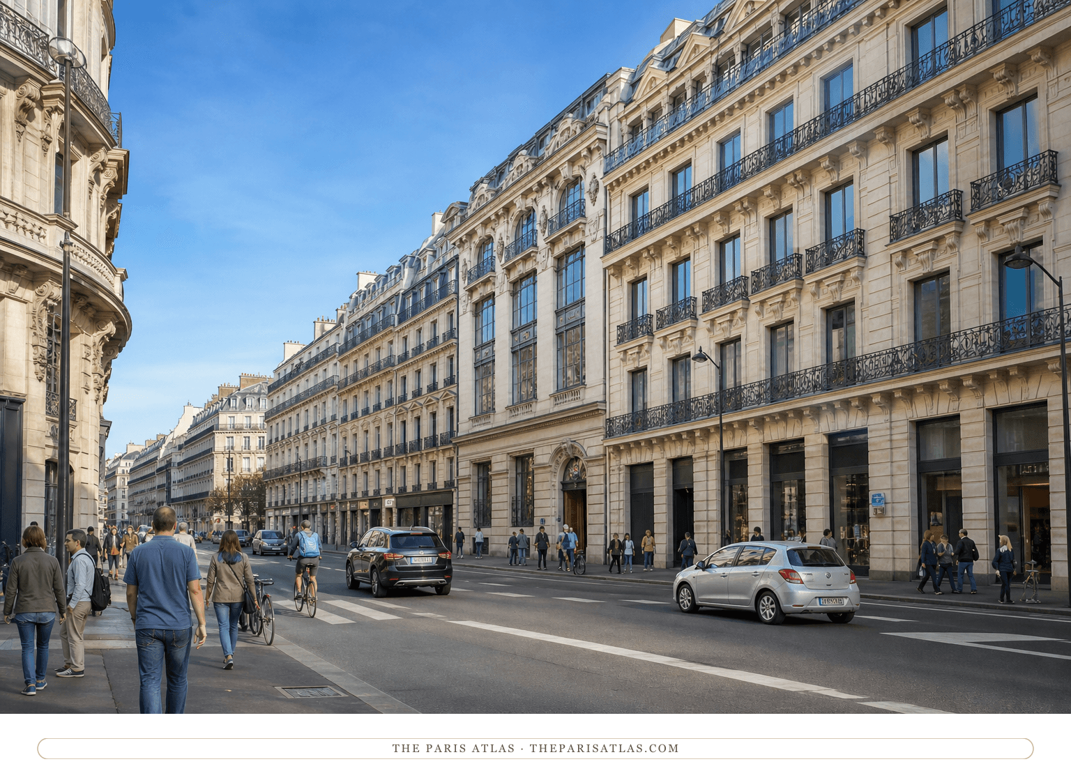 Pedestrians and cyclists along the bright present-day avenue de l'Opéra