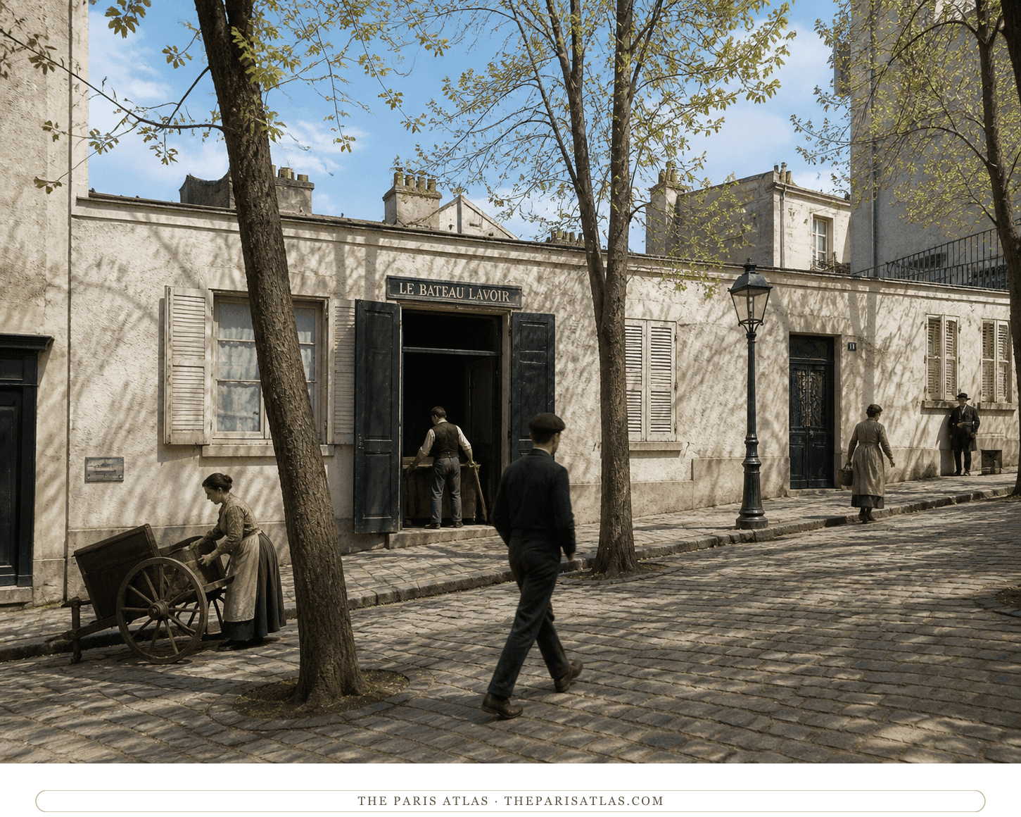 Cyclist and visitors beside the green doors of the rebuilt Bateau-Lavoir