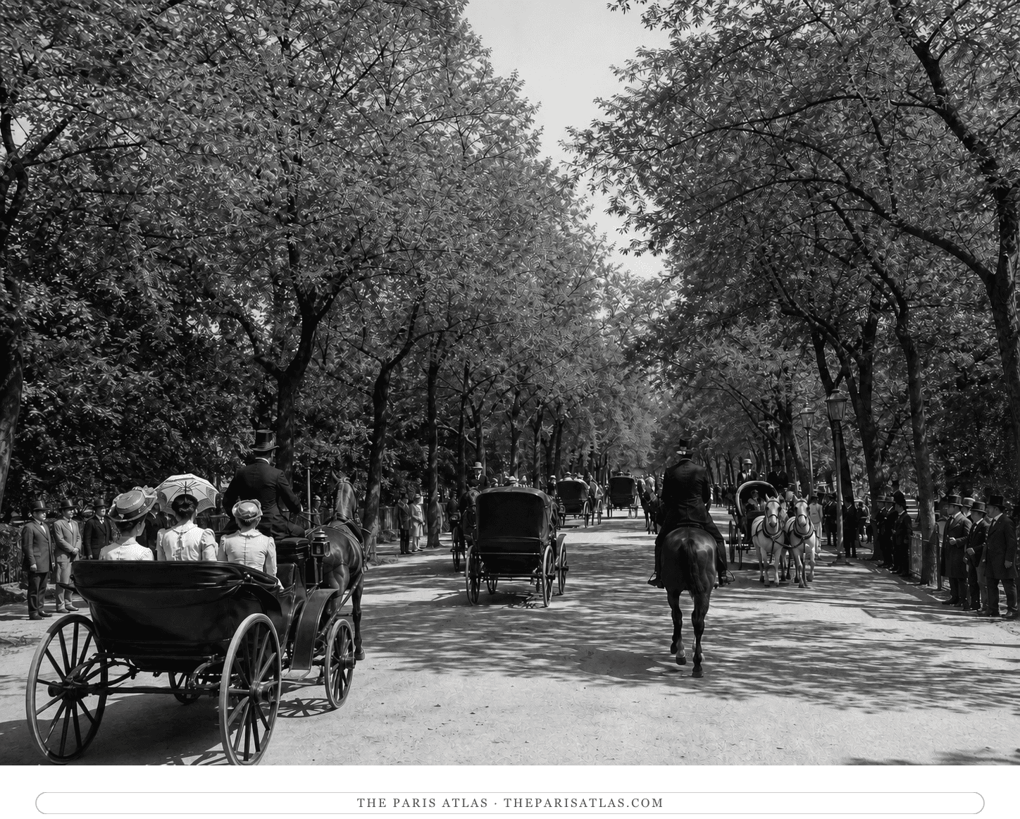 Black-and-white reconstruction of carriages and fashionable pedestrians on the Allée des Acacias around 1895