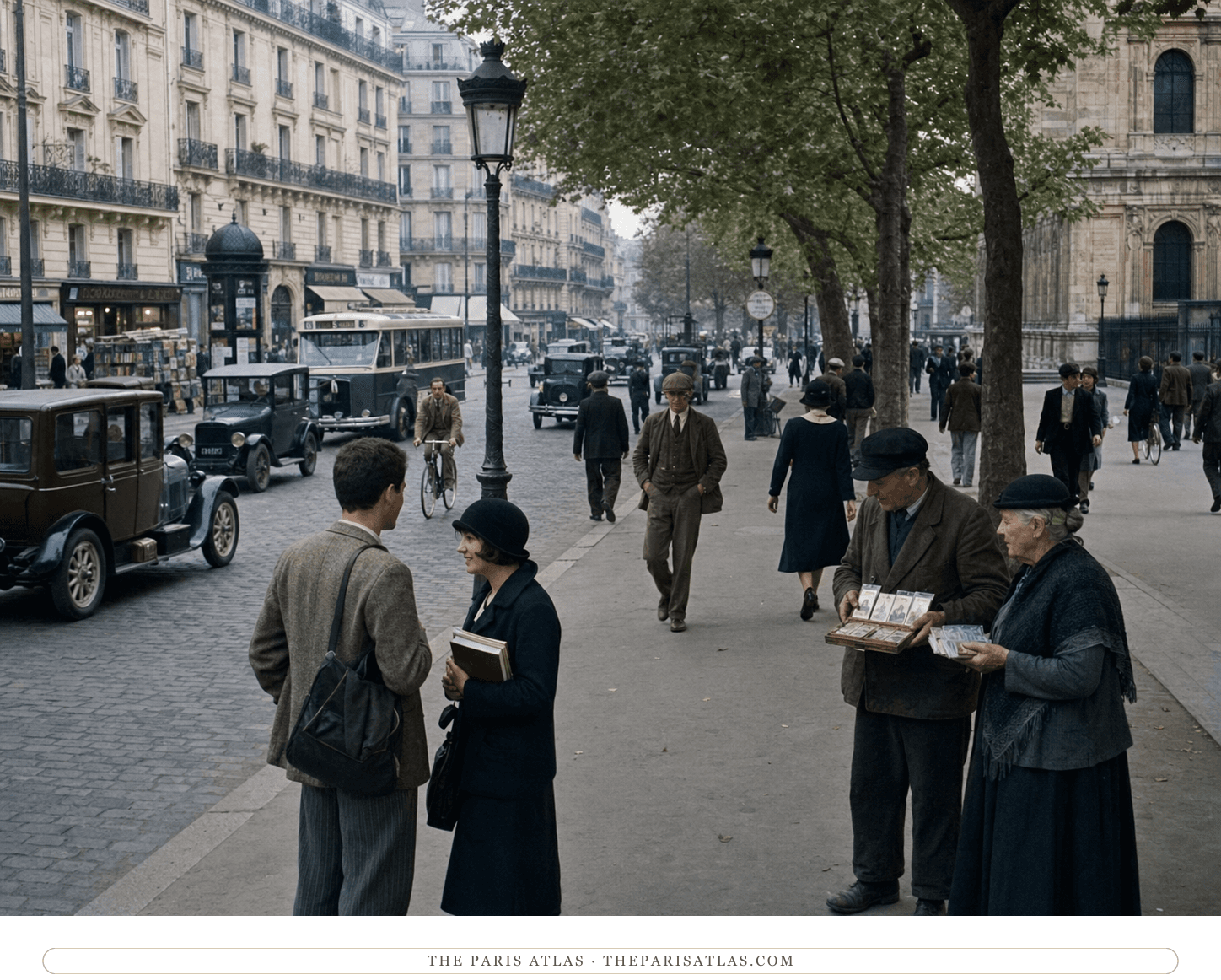 Natural-color reconstruction of students and anonymous postcard sellers on Boulevard Saint-Michel in 1929