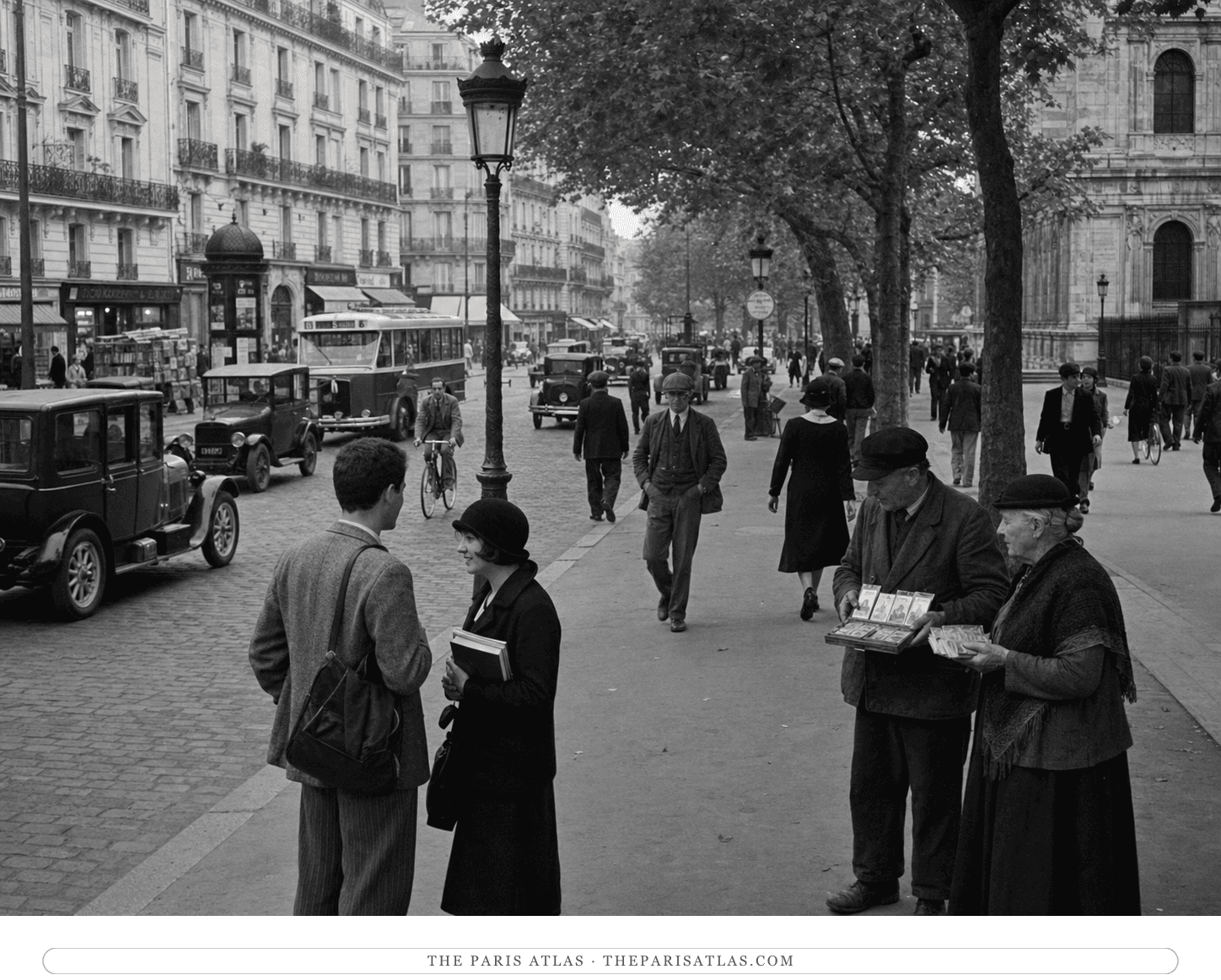Black-and-white reconstruction of Boulevard Saint-Michel around 1929