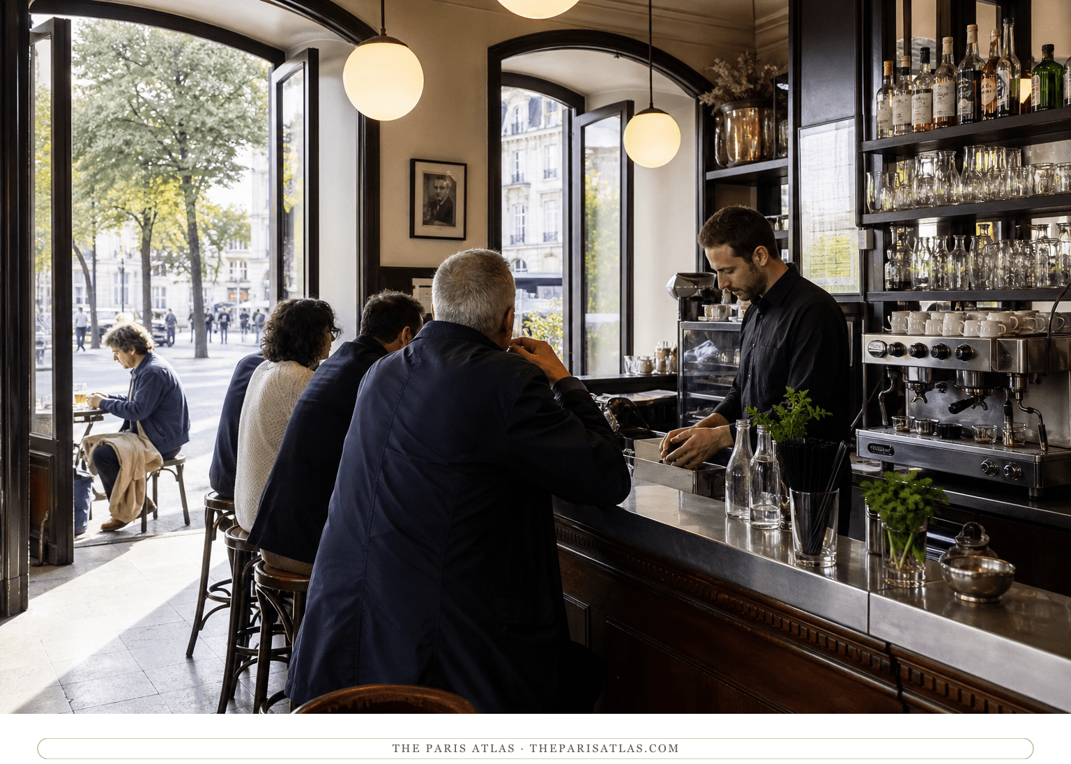 Photorealistic view along the bar inside the Cafe de la Mairie
