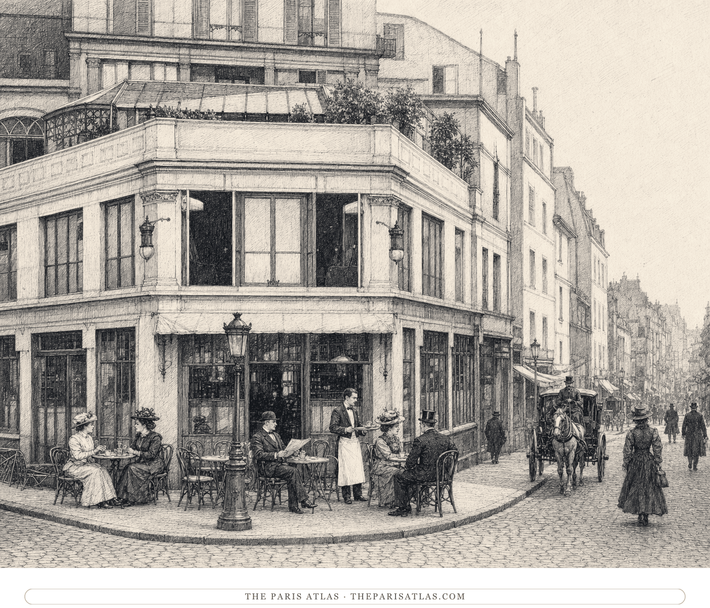 Black-and-white reconstruction of Café de la Nouvelle Athènes at 9 place Pigalle around 1905