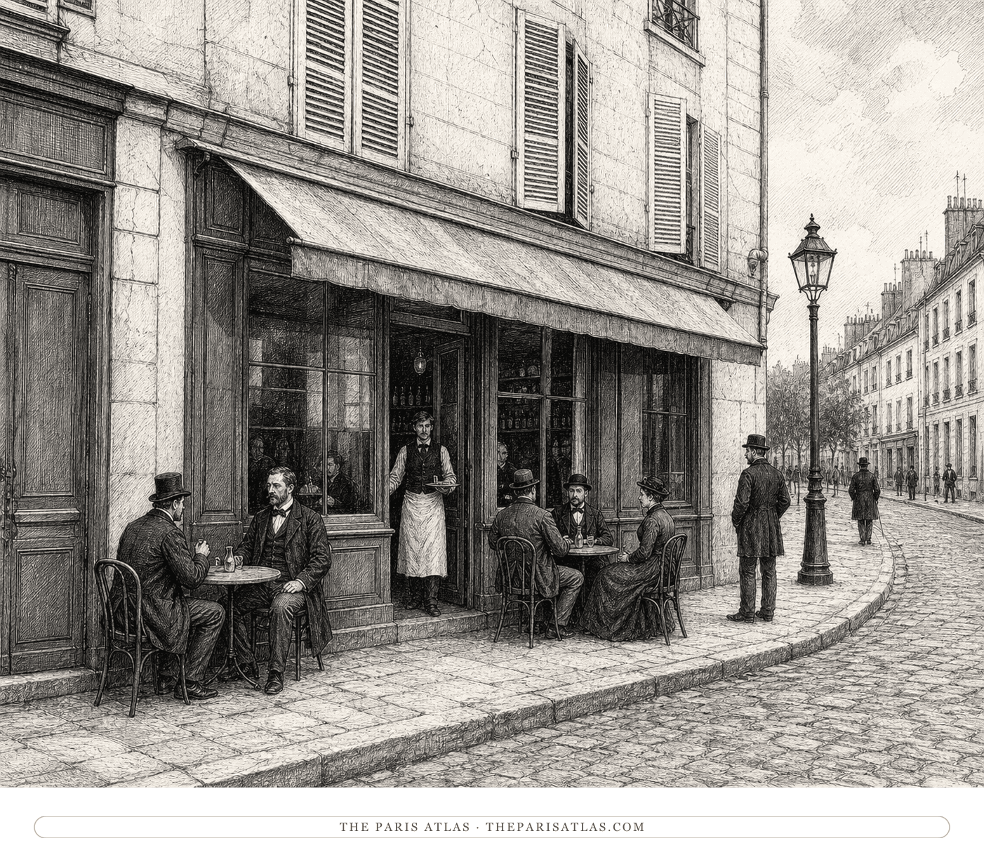Black-and-white historical impression of a modest Batignolles café in the late 1860s