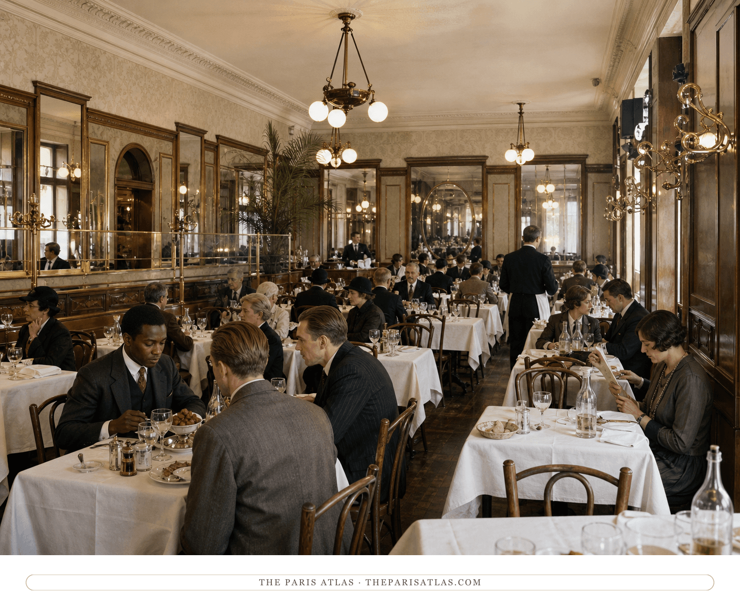 Color reconstruction of Restaurant Léon Royal's mirrored dining room during a busy 1924 lunch