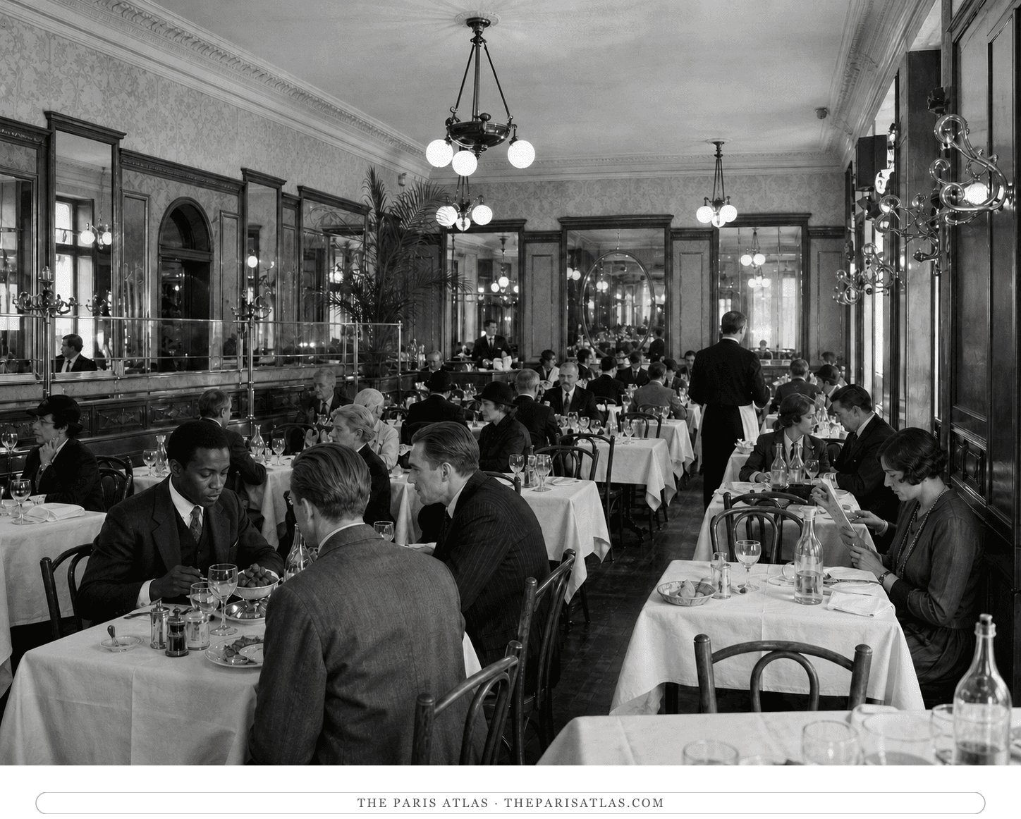 Black-and-white reconstruction of Restaurant Léon Royal's mirrored dining room in 1924