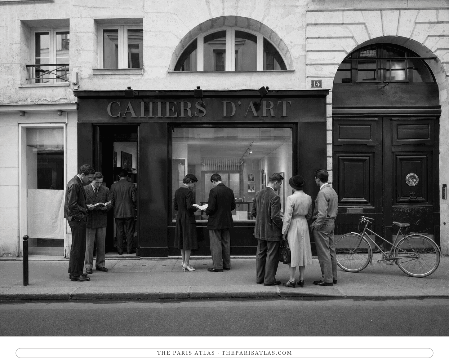 Black-and-white reconstruction of readers outside Cahiers d'Art in 1935