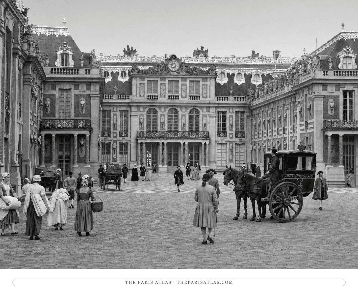 Black-and-white reconstruction of household activity and a carriage in the Versailles courtyard around 1785