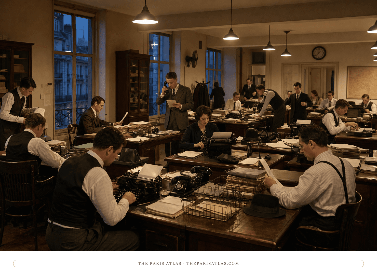 Natural-color reconstruction of an invented night staff in the Tribune newsroom in 1931