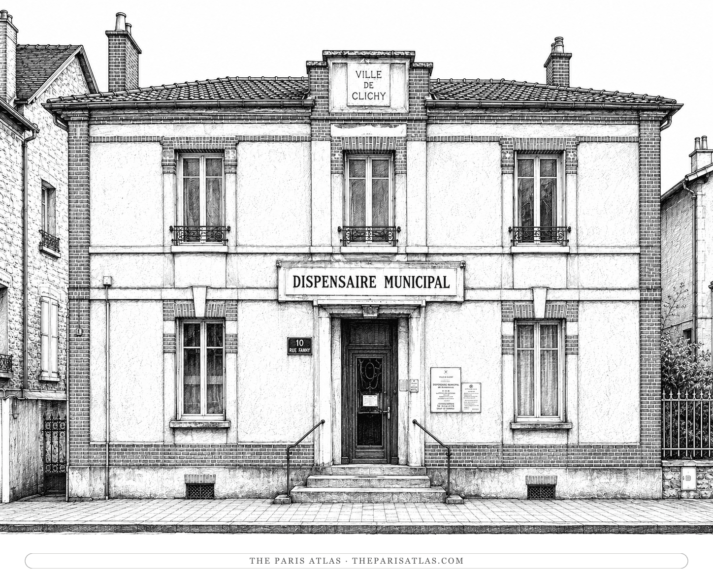 Historical reconstruction of the Clichy municipal dispensary during its interwar clinic years, with Dispensaire Municipal over the entrance and Ville de Clichy on the pediment