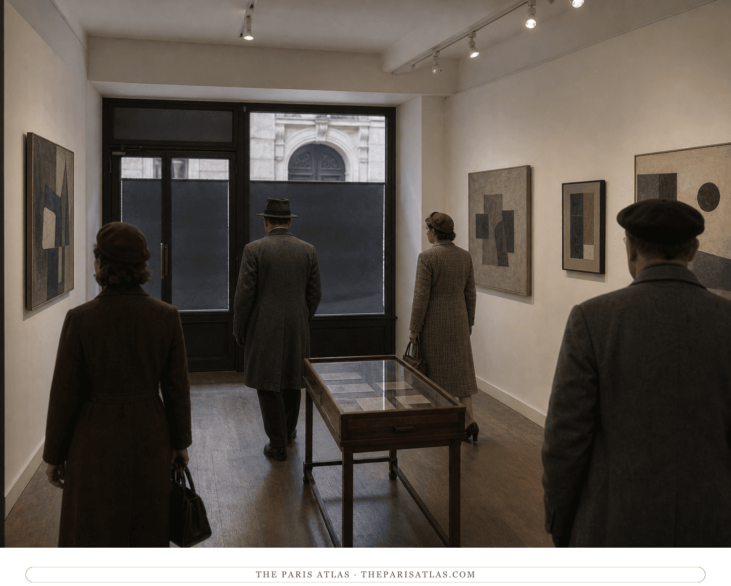 Reconstructed Galerie Jeanne Bucher exhibition room circa 1942 with anonymous visitors