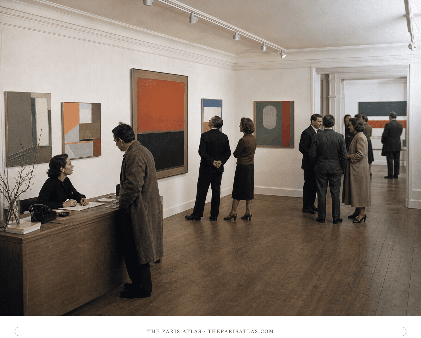 Natural-color reconstruction of an anonymous 1946 audience inside Galerie Maeght