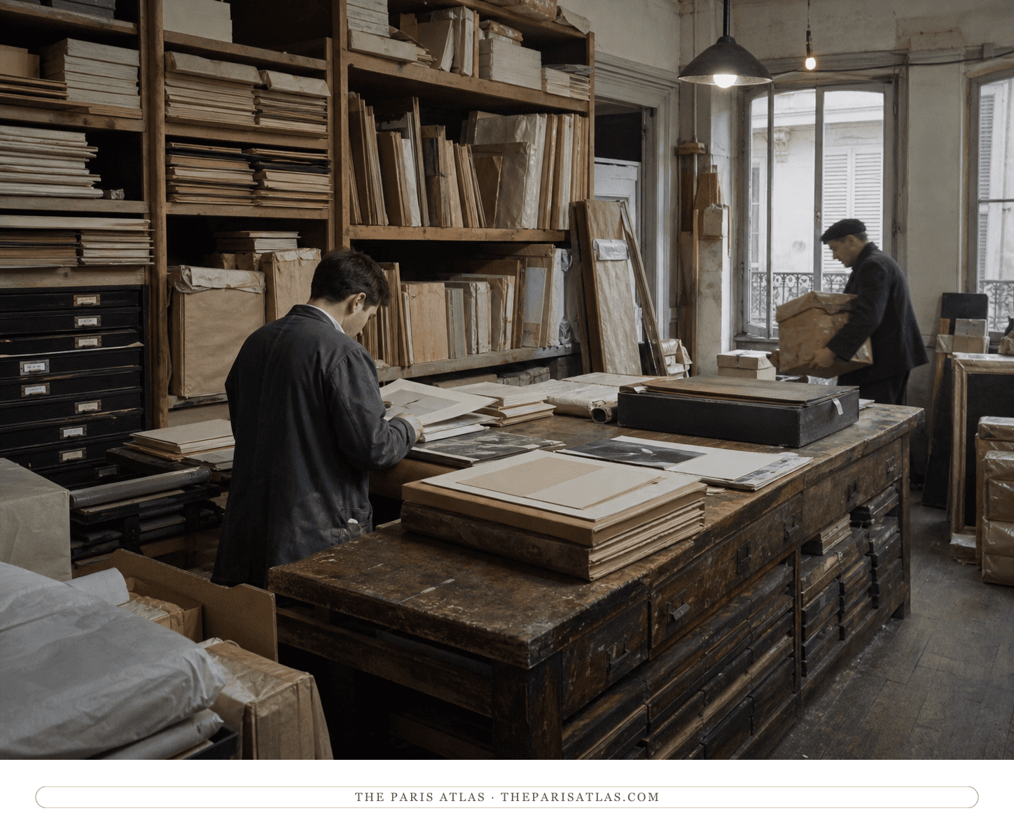Clerks handling portfolios and parcels in a reconstructed Vollard publishing workroom