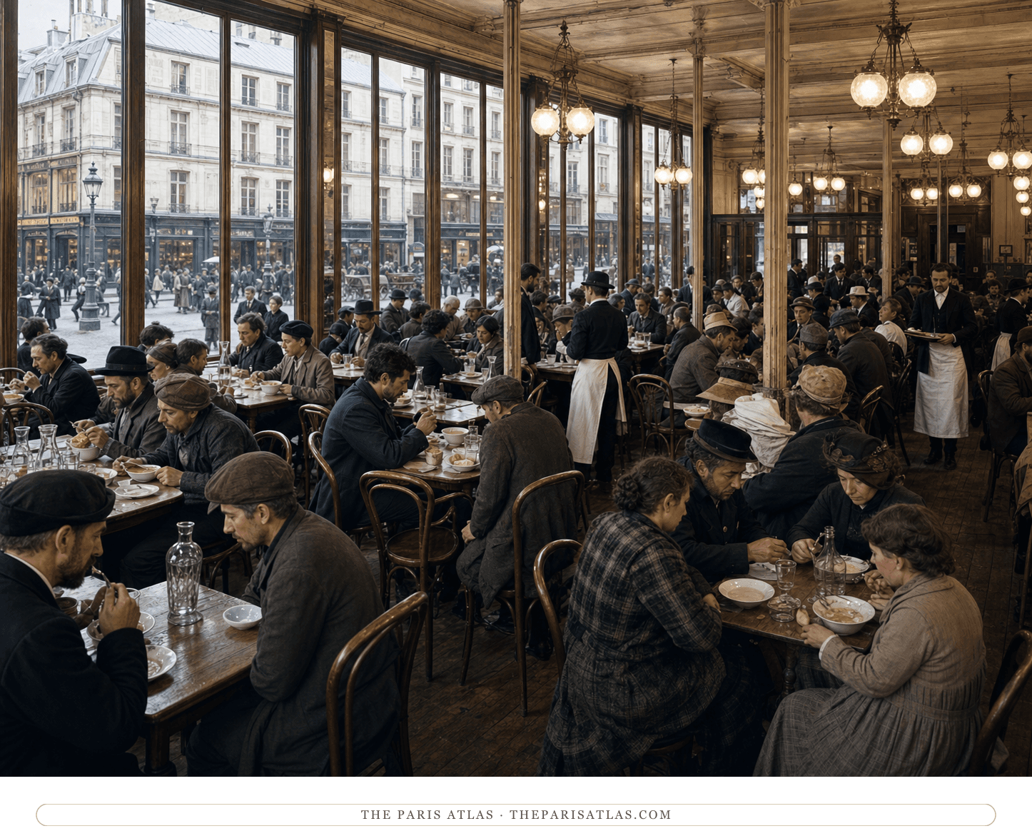 Anonymous workers and families dining in the immense glazed bouillon hall circa 1887