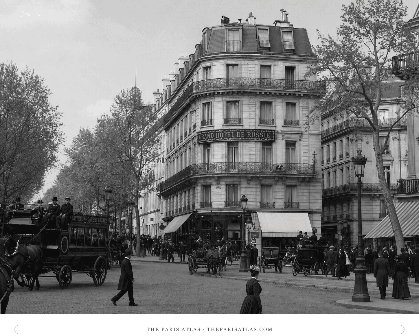 Black-and-white reconstruction of the Grand Hôtel de Russie at the Drouot crossroads circa 1897