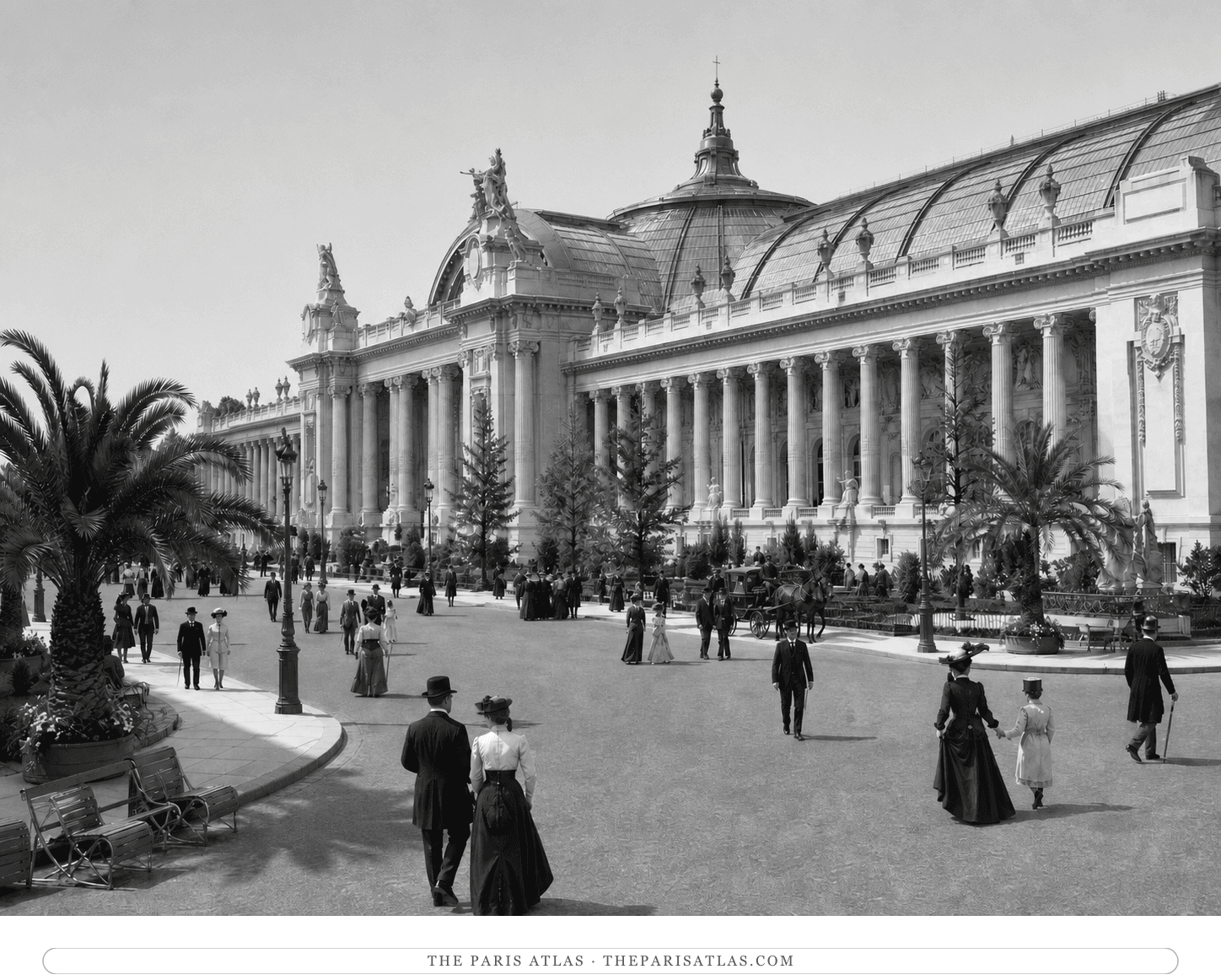 Black-and-white historically informed reconstruction of the newly opened Grand Palais during the 1900 Exposition Universelle