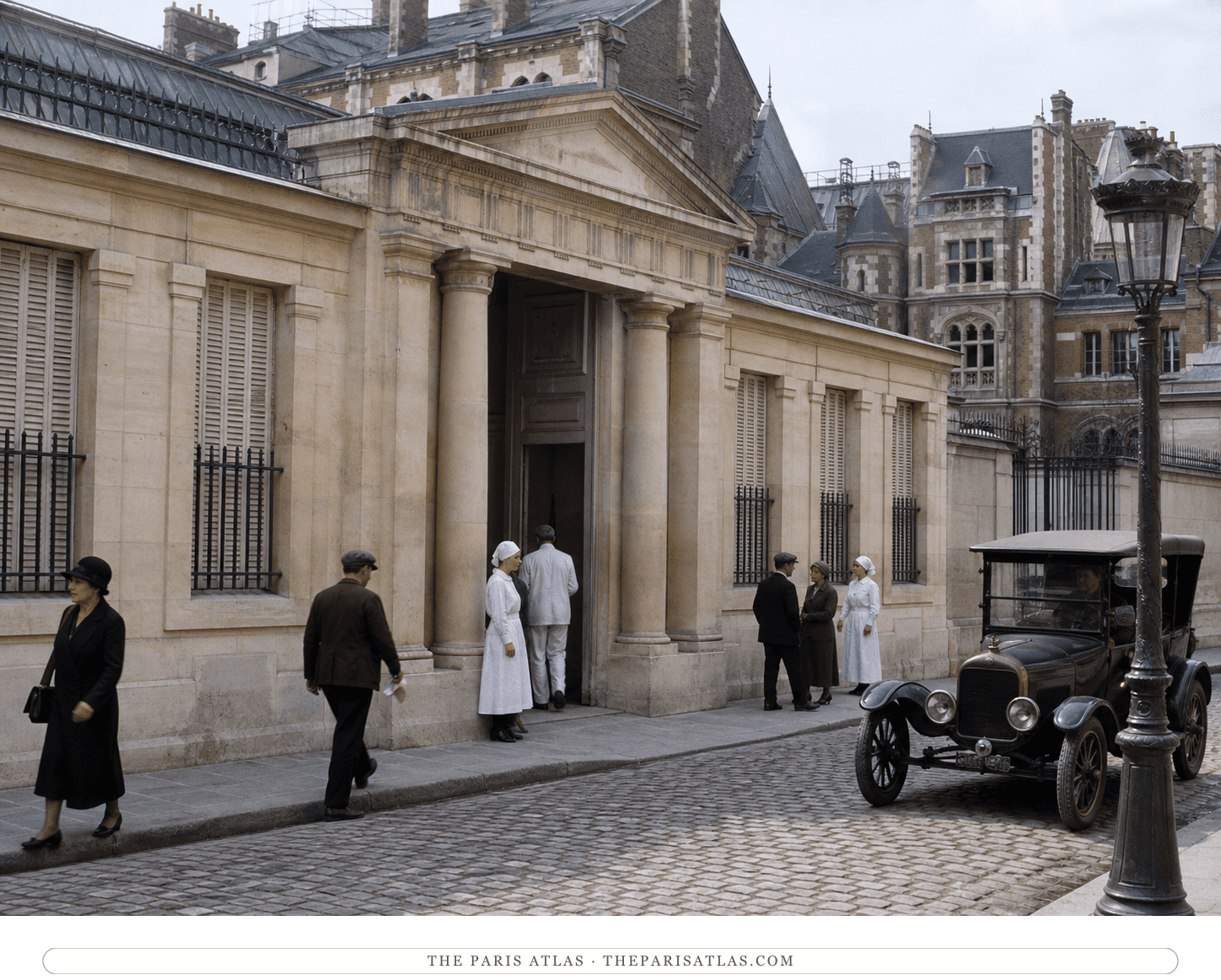 Natural-color reconstruction of nurses and visitors at Hôpital Cochin around 1929
