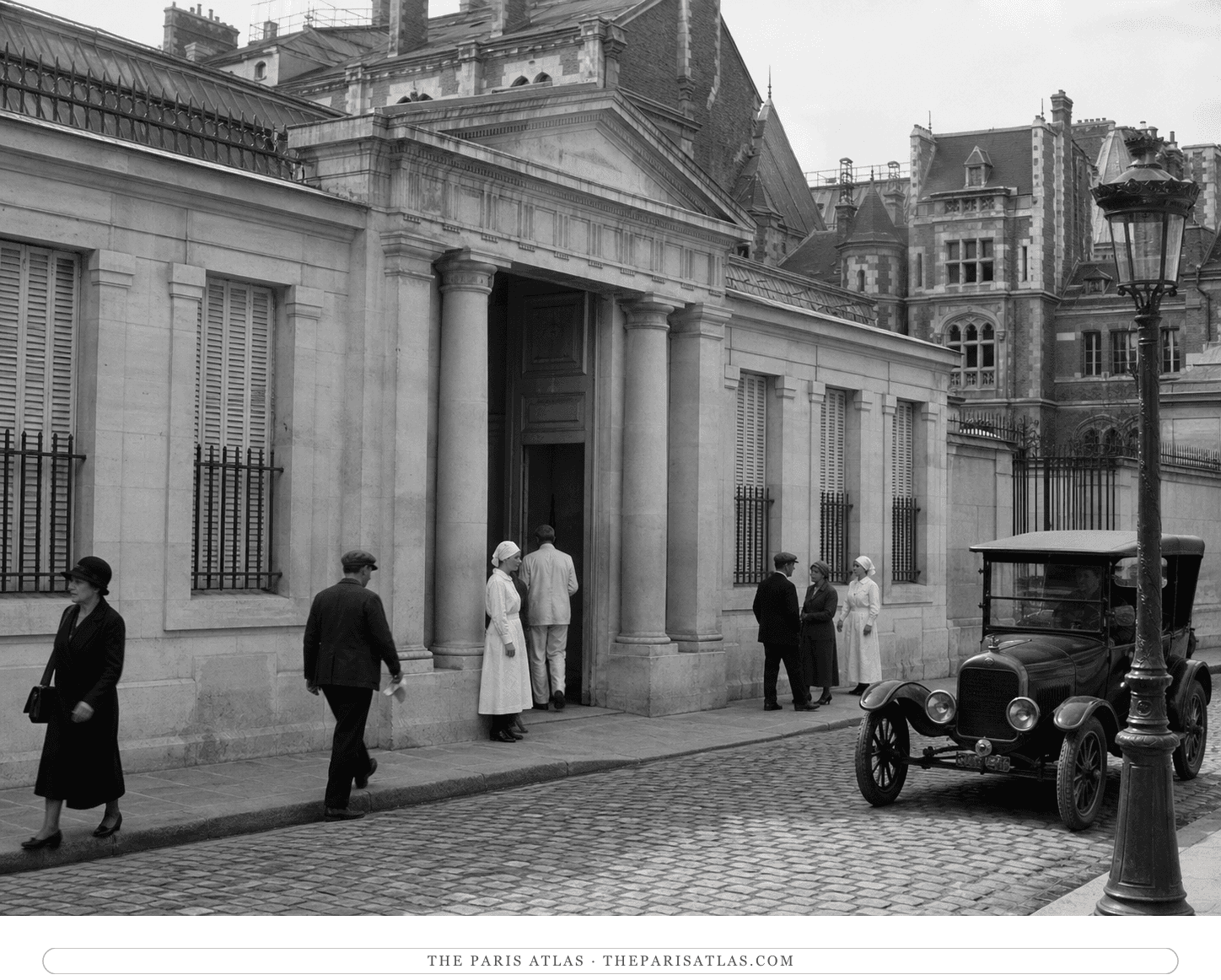 Black-and-white reconstruction of the Hôpital Cochin entrance around 1929