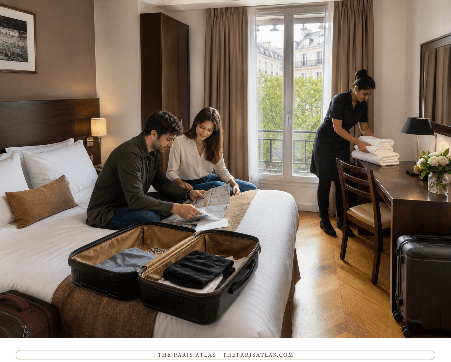 Guests and a housekeeper in a compact parquet-floored room at Central Hotel Paris
