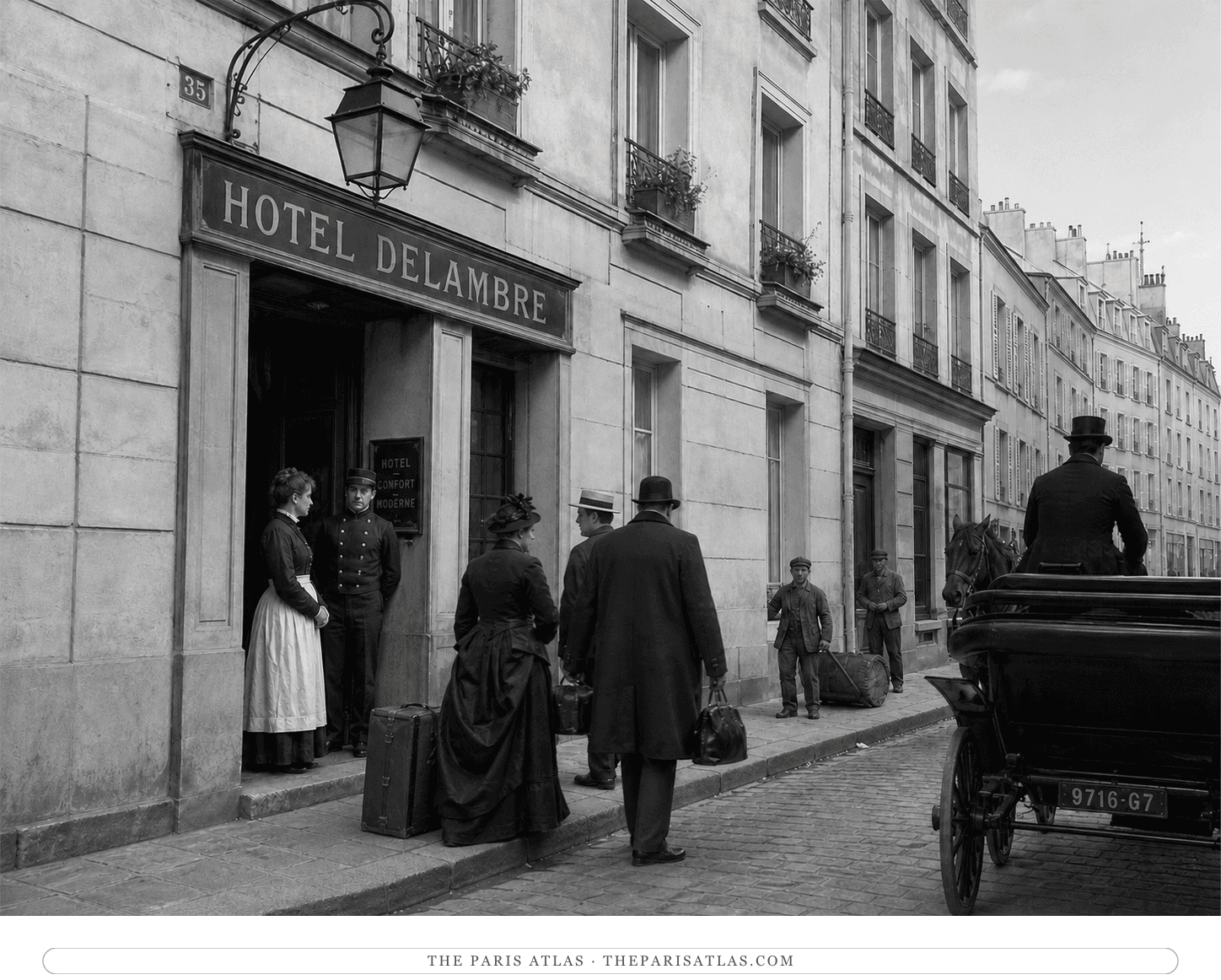 Black-and-white reconstruction of travelers arriving at Hotel Delambre in 1891
