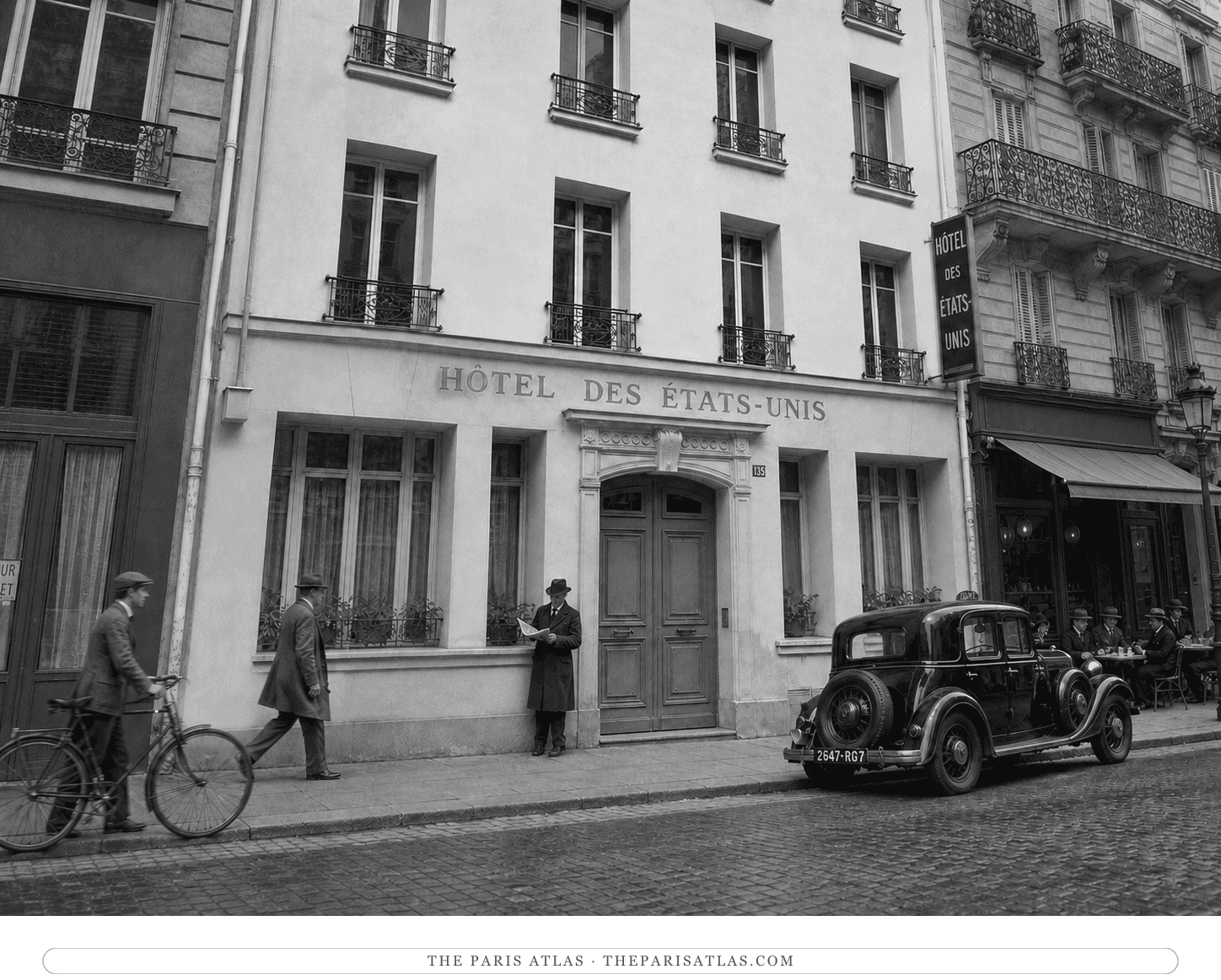 Black-and-white reconstruction of the Hôtel des États-Unis circa 1930