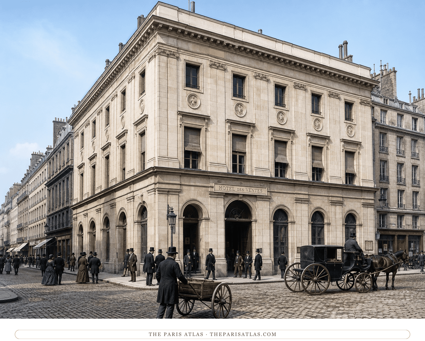 Color reconstruction of the original Hôtel Drouot stone building and visitors around 1867