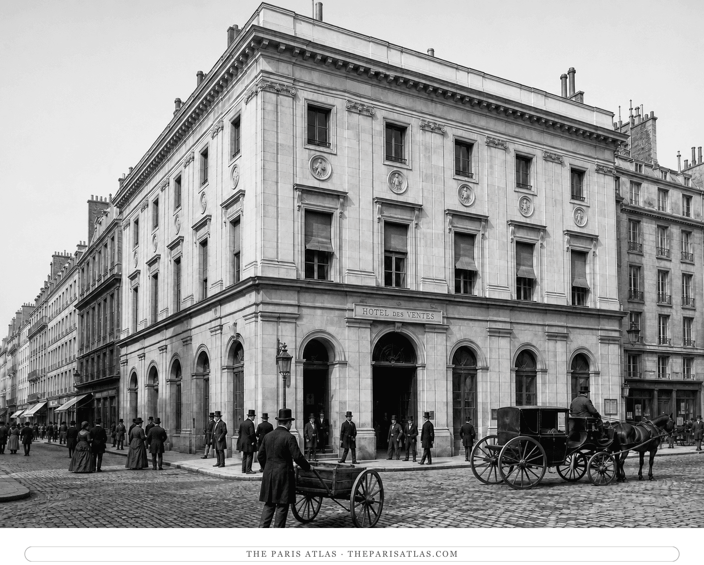 Black-and-white reconstruction of the original Hôtel des Ventes and its horse-drawn street traffic around 1867