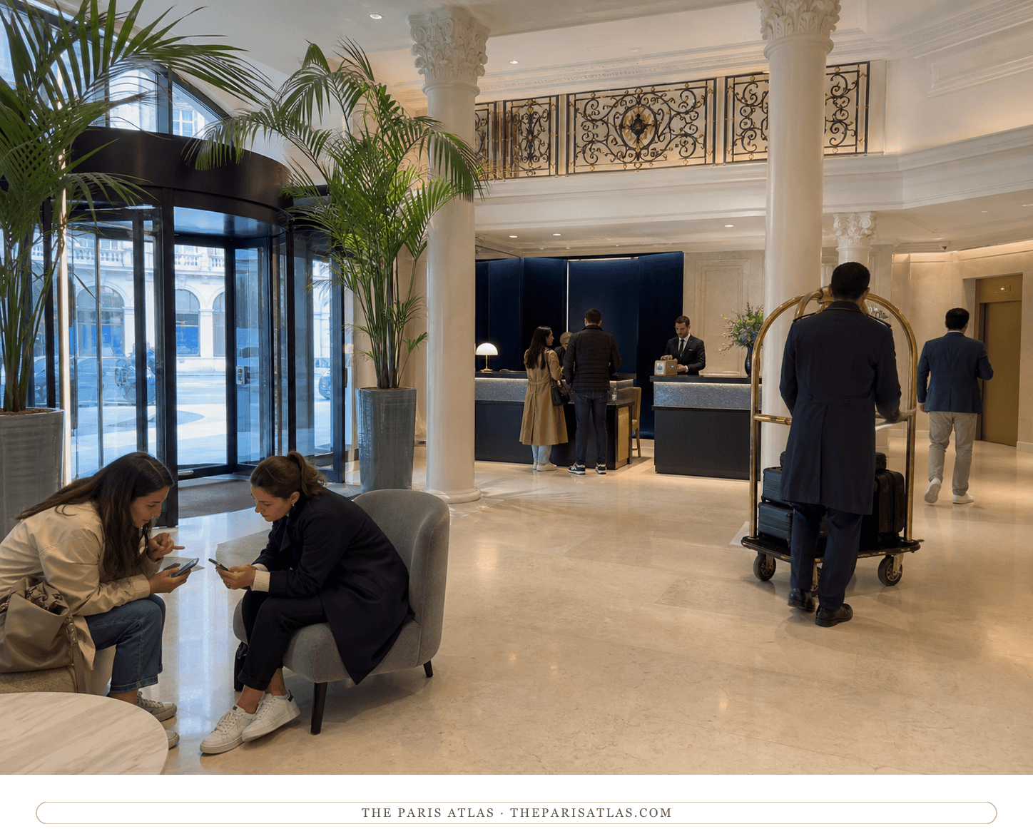 Guests and staff in the bright marble lobby of the present-day Hôtel du Louvre