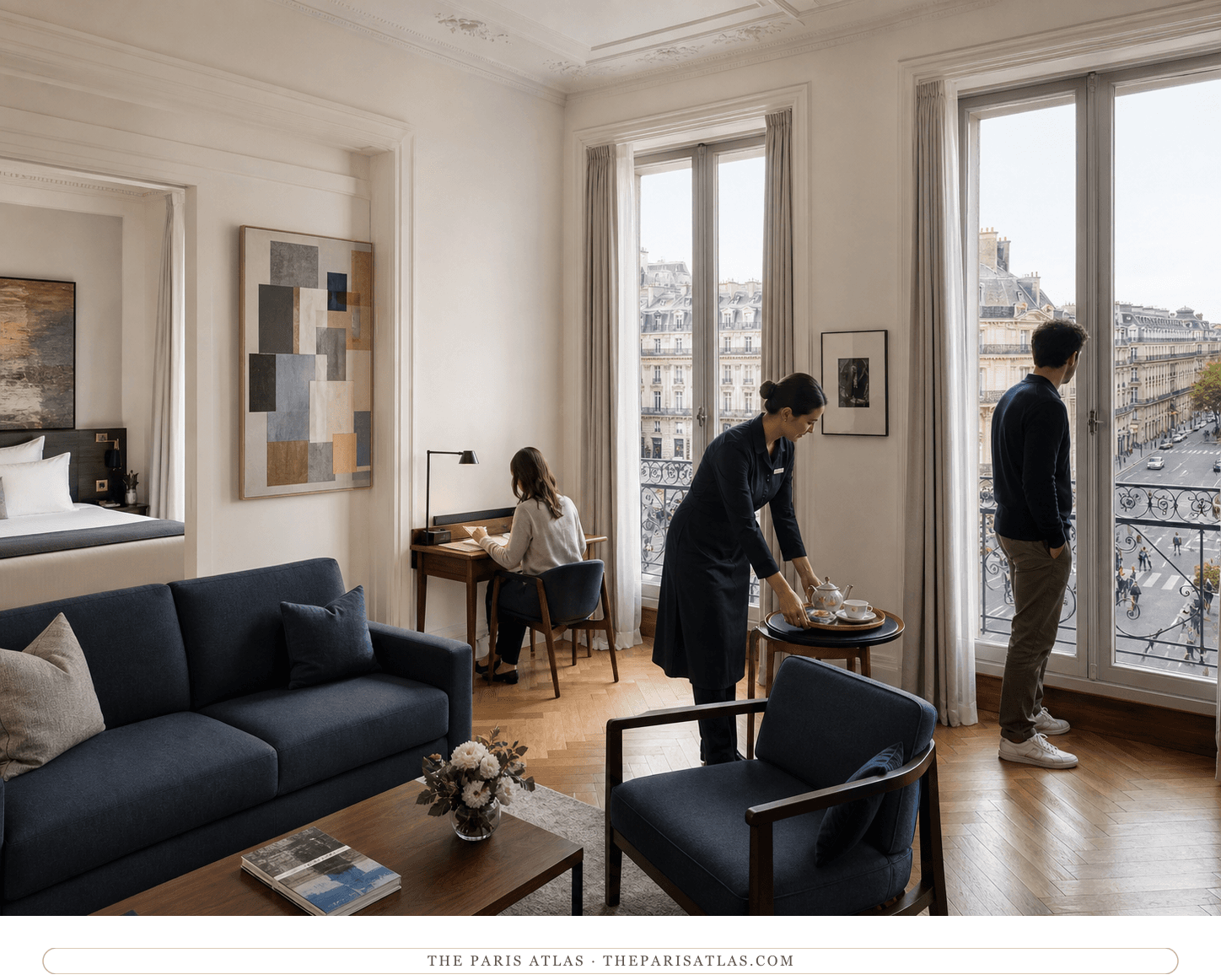 Guests looking over avenue de l'Opéra from the renovated Pissarro Suite at Hôtel du Louvre